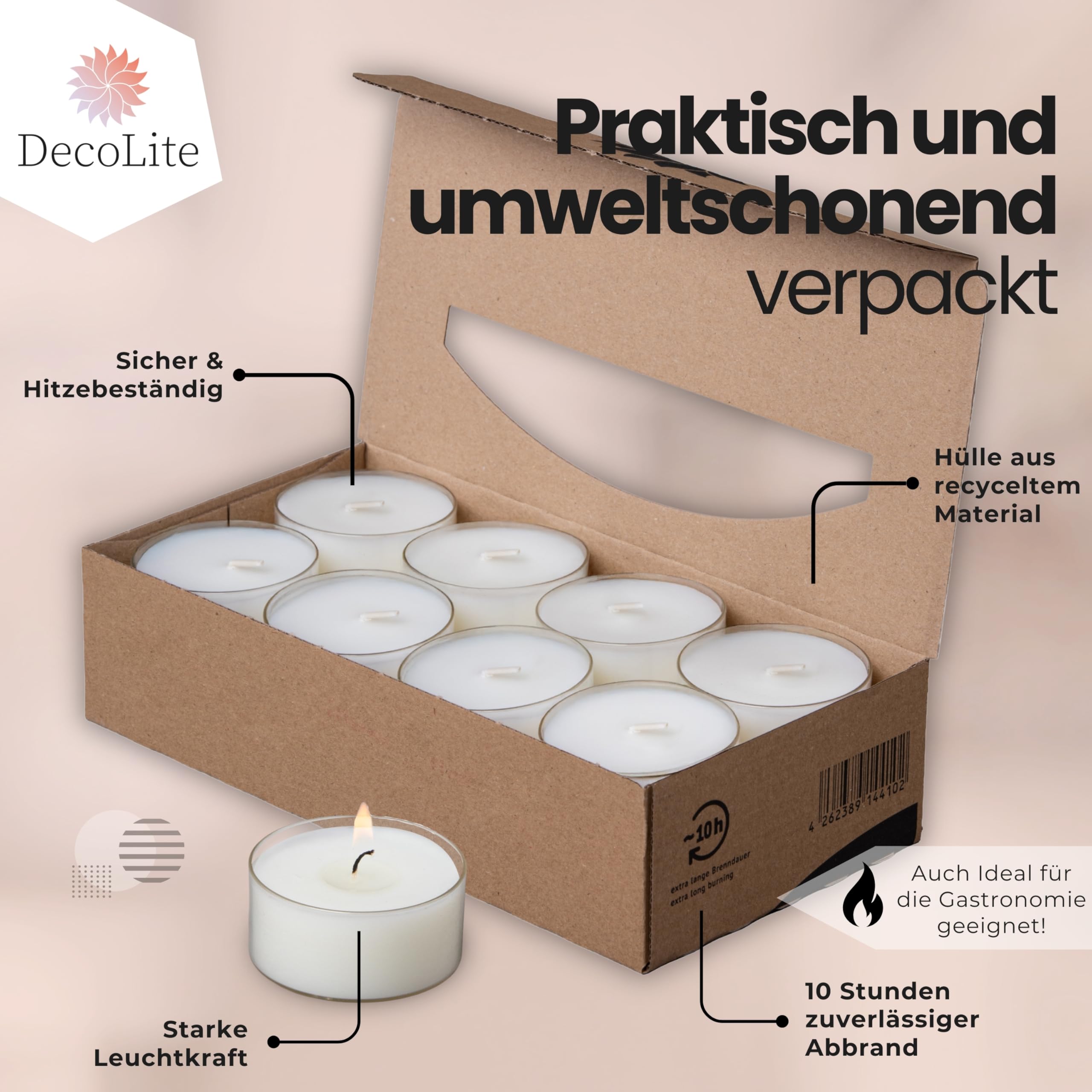 Maxi Teelichter 10h Brenndauer, klarer Acrylcup, 64 Stück
