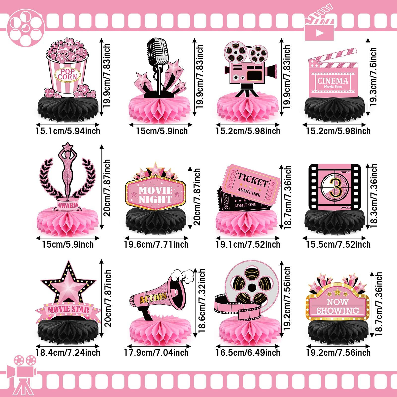 Pajean 12 Pieces Movie Night Party Decorations Supplies Movie Theater Centerpiece Honeycomb 3D Ticket Popcorn Star Table Topper Decor for Birthday Party Favors (Pink)