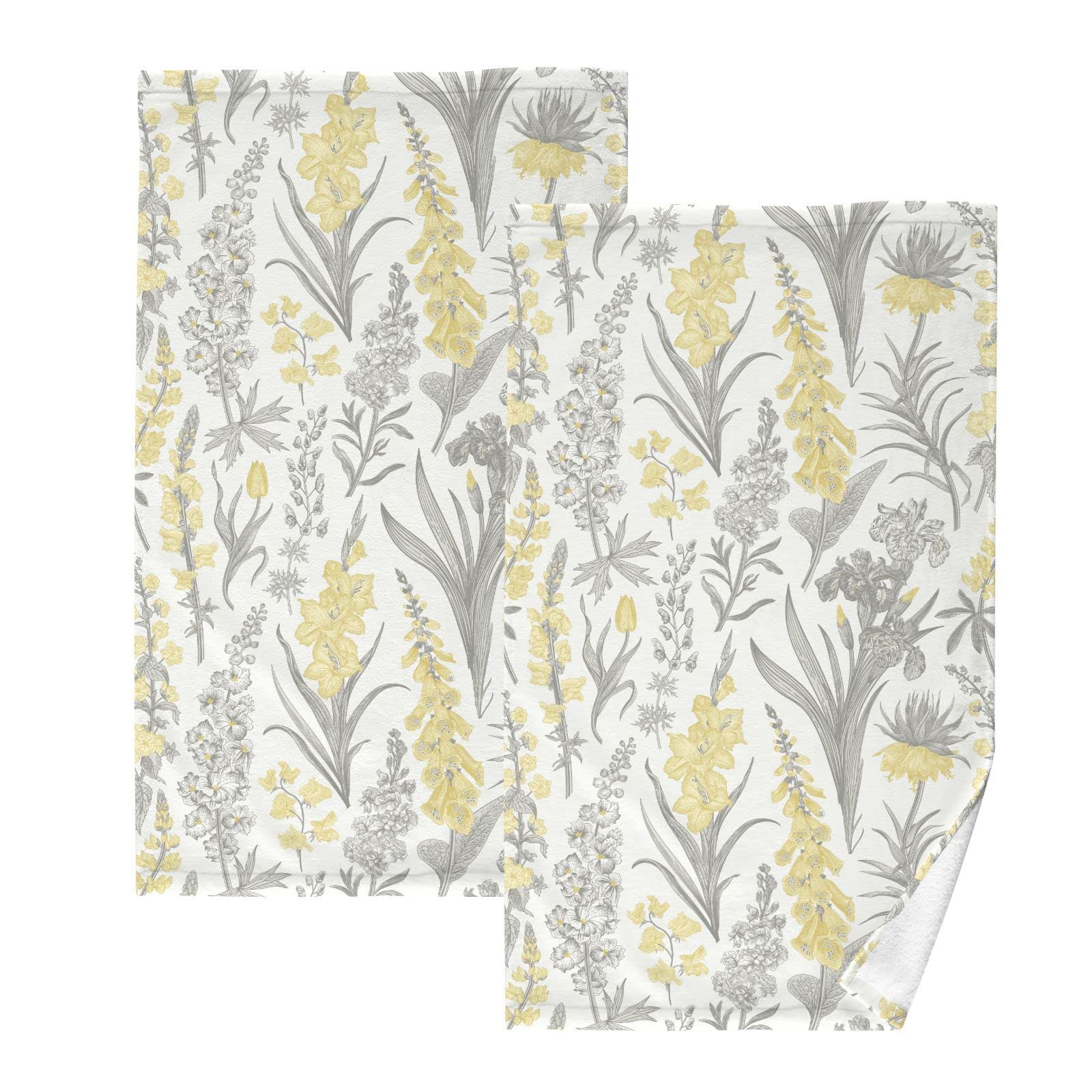 Jucciaco Vintage Yellow and Gray Flowers Towels for Bathroom Kitchen Spa Sports, Cotton Hand Towels Set of 2, 16x28 inch