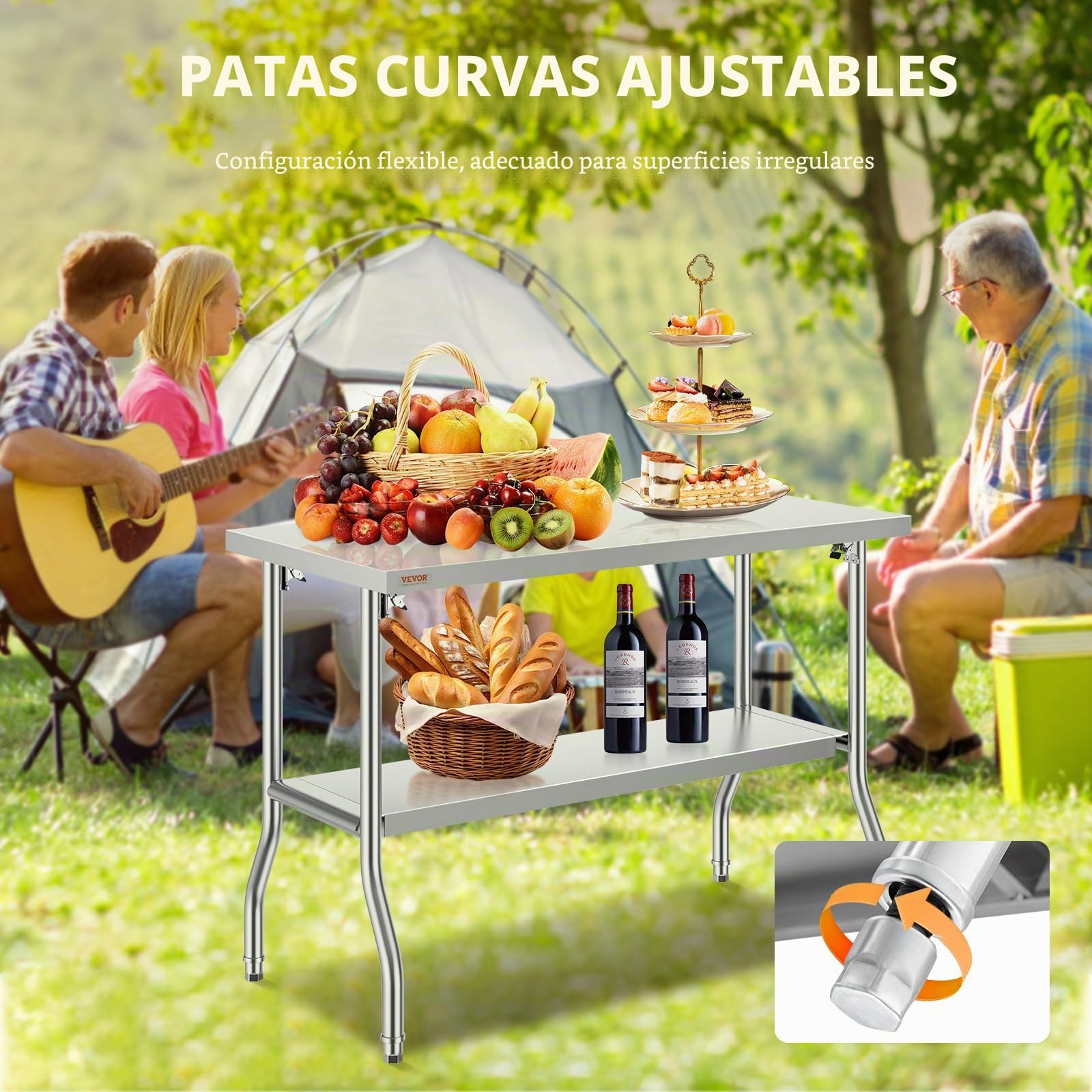 VEVOR Mesa de Trabajo Cocina 1220x610x850mm Mesa de Trabajo Plegable Acero Inoxidable con Estante Extraíble 350 kg Carga Mesa Acero Inoxidable con Pies Ajustables para Camping Cocina Comercial