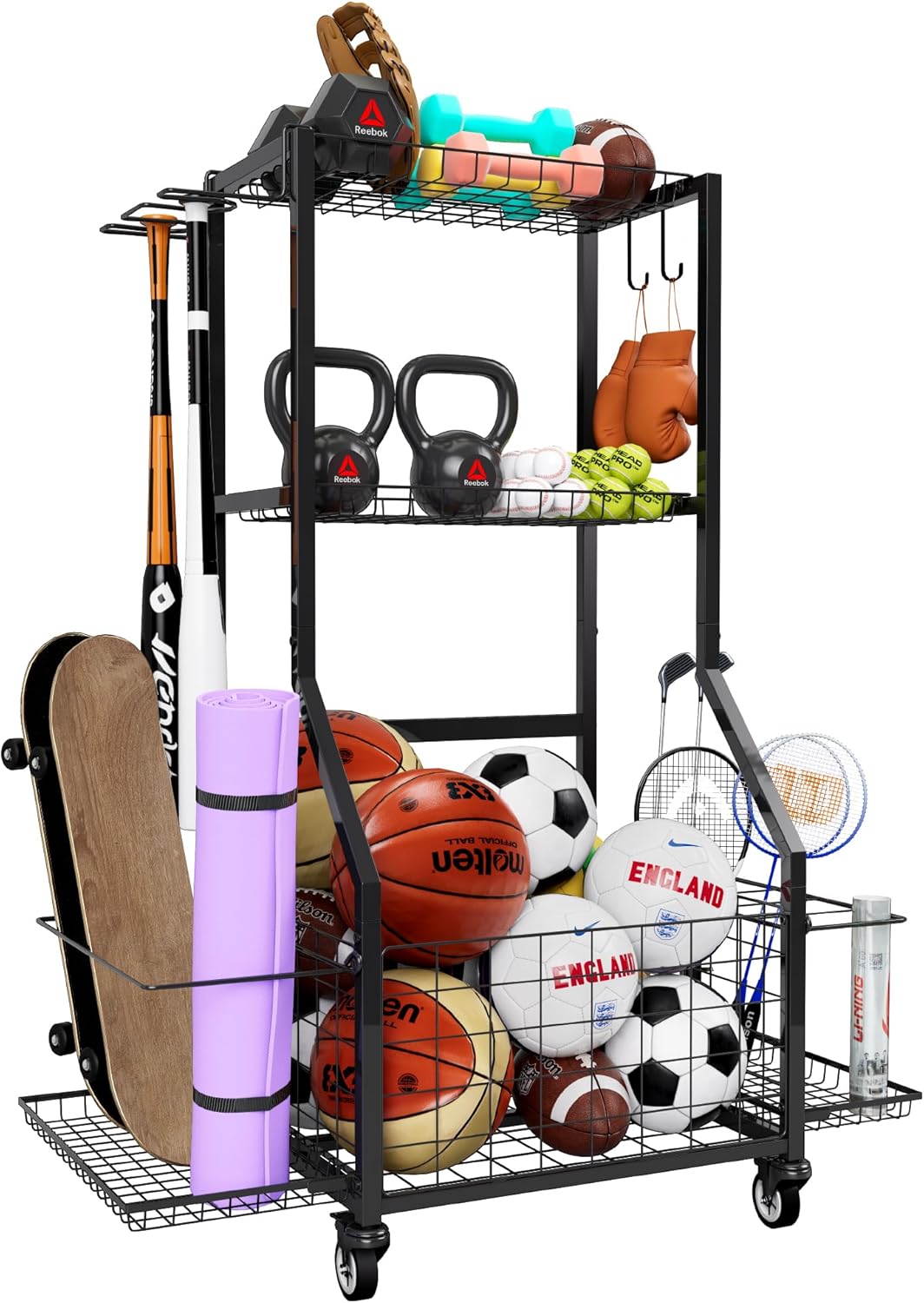 Sports Equipment Organizer, Outdoor Toy Storage Garage Organization - Ball Storage Racks with 2 Side Racks & Durable Baskets, Garage Rolling Ball Cart with Wheels, Hooks for Sports Gear, Bats