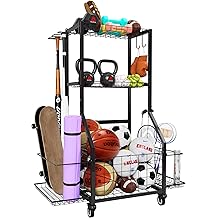 Sports Equipment Organizer, Outdoor Toy Storage Garage Organization - Ball Storage Racks with 2 Side Racks & Durable Baskets, Garage Rolling Ball Cart with Wheels, Hooks for Sports Gear, Bats