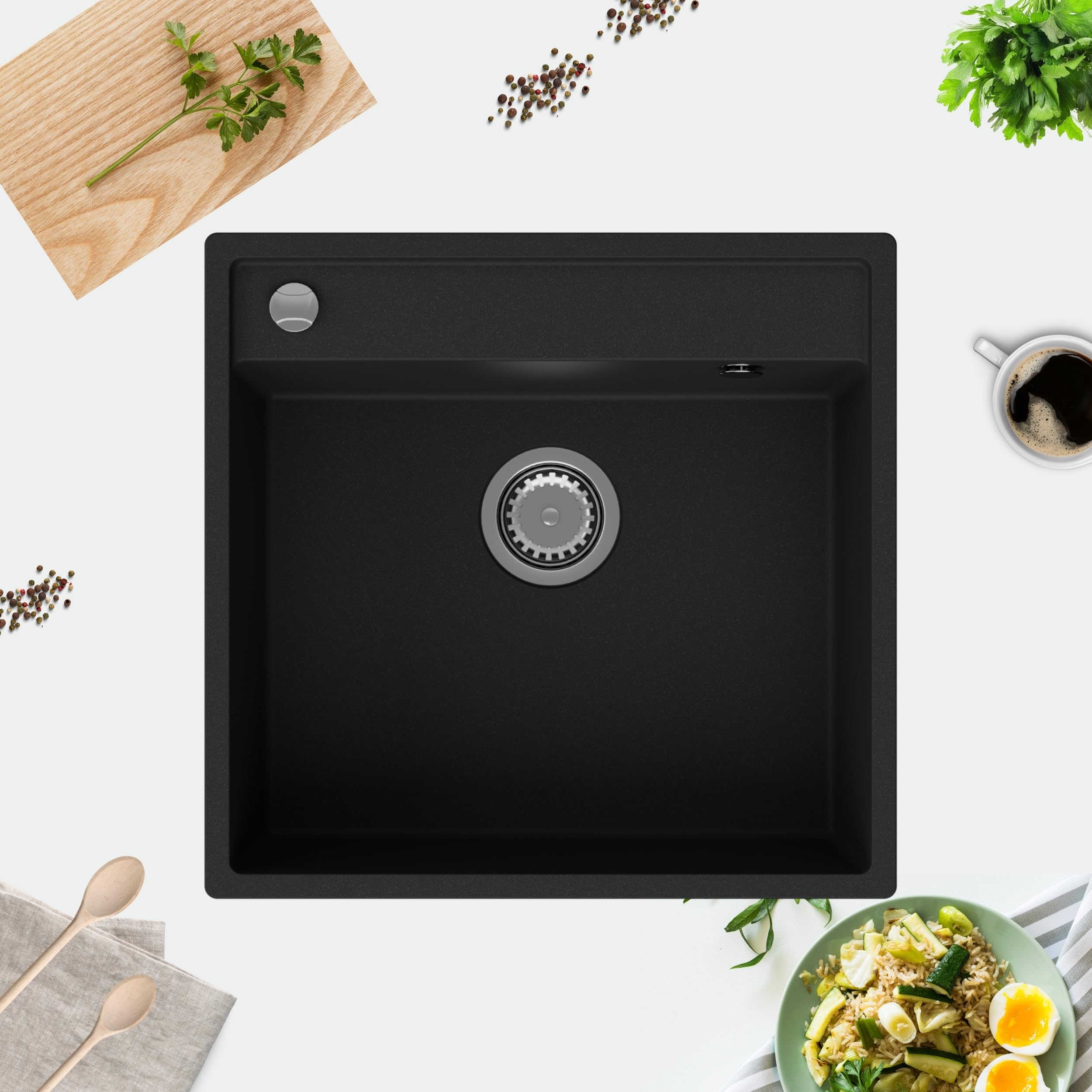 GRANMASTER Magma Lavandino Cucina in Granito 1 vasca - Lavello Cucina in granito con sifone - Resistente agli urti e alle temperature - Facile da montare 53x50x20,4cm - Colore Nero