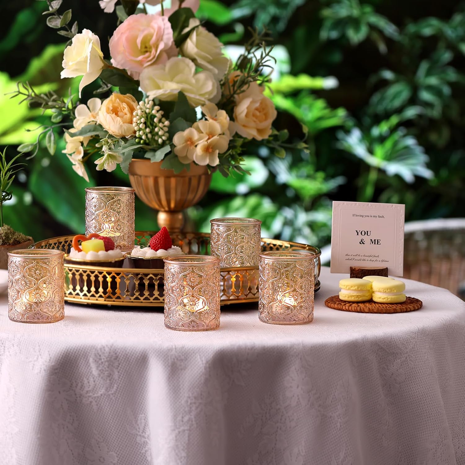 Volens 24pcs Gold Votive Candle Holders for Table Centerpiece, Vintage Flower Glass Tealight Candle Holders Bulk for Wedding Decorations, Boho, Home and Party Decor