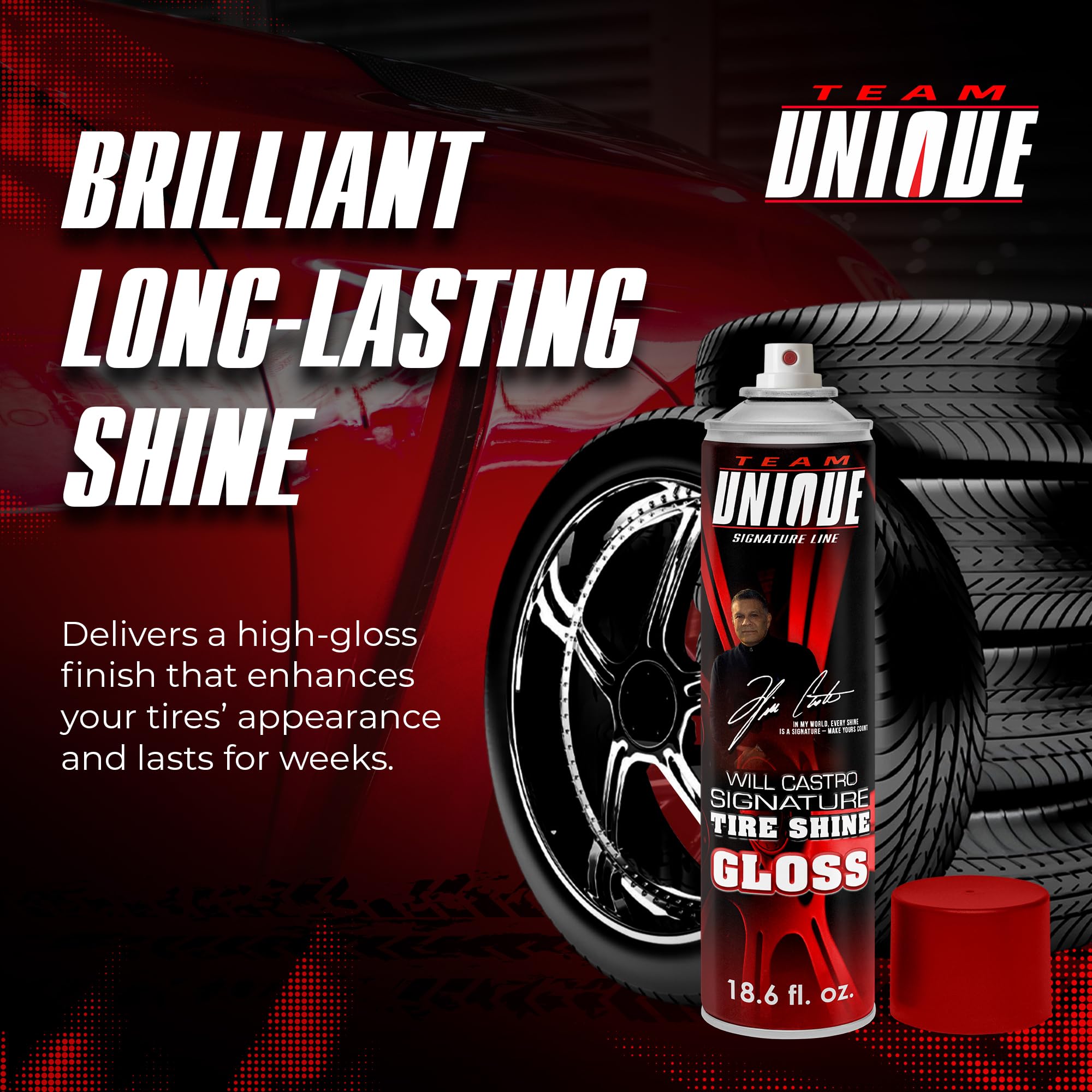 Team Unique Tire Shine Gloss – 18.6 Fl Oz (550mL) Pack of 6 | High-Gloss Formula for Ultimate Tire Shine | Protects Against Cracking and Fading | Non-Greasy, Low-Sling Spray for Easy Application