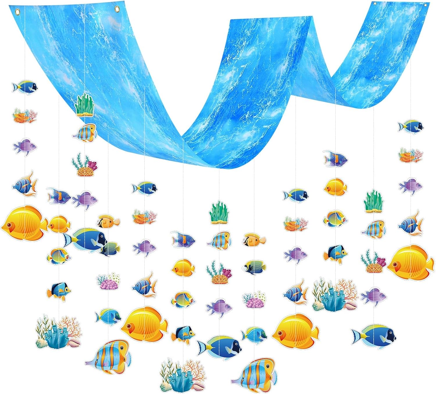 Ctosree Ocean 25 Pcs Tropical Fish Party Decoration Bulk 12 ft Ocean Waves Banner Ceiling Decor Under The Sea Party Decoration with 24 Pcs Tropical Fish Banner for Under The Sea School Classroom Decor