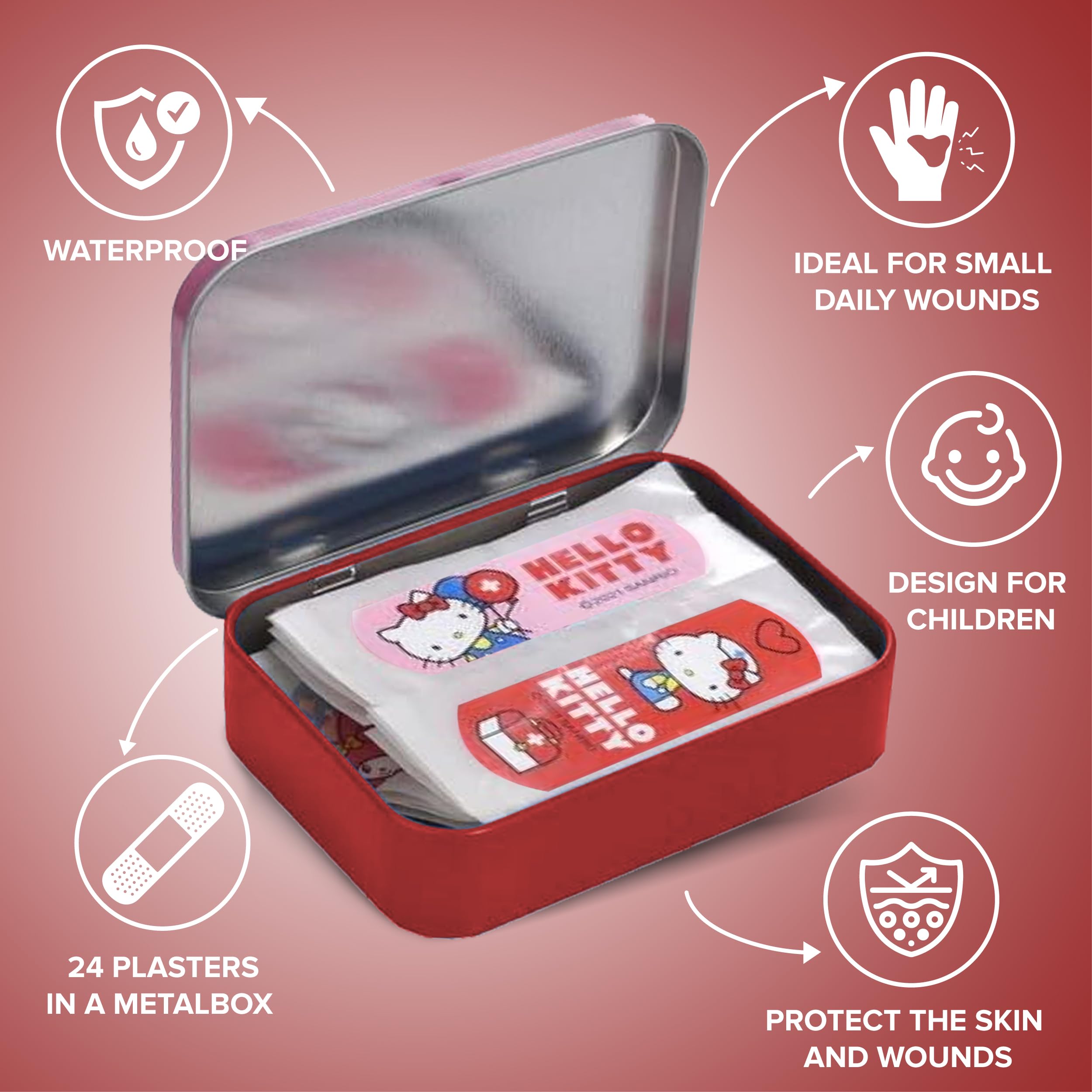 Hello Kitty różowe plastry dla dzieci, licencjonowany produkt, 12 sztuk, metalowe pudełko, 24 plastry, piękne wzornictwo, pudełko do przechowywania dla dzieci, nadają się do plecaka, torebki