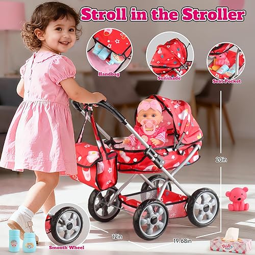 Miniatura 5 de Juego de cochecito de muñeca de bebé para niñas pequeñas de 3 a 5 años, una muñeca de 12.5 pulgadas con accesorios de muñeca de bebé, almohada,