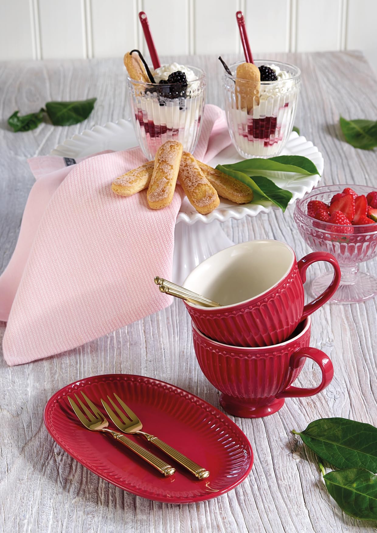 GREENGATE Set 2 Ciotole Da Portata ALICE Ondulato Porcellana Rosso 2 Misure