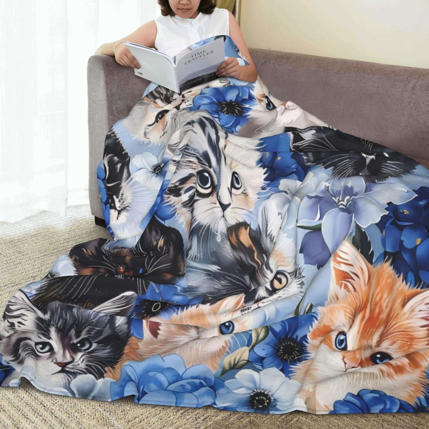 Cat & Flower Decor Animal Throw Blanket - Gifts for Kids & Adults, Warm Soft Plush Lightweight Fleece Flannel Blanket, 50"X40" - Image 8