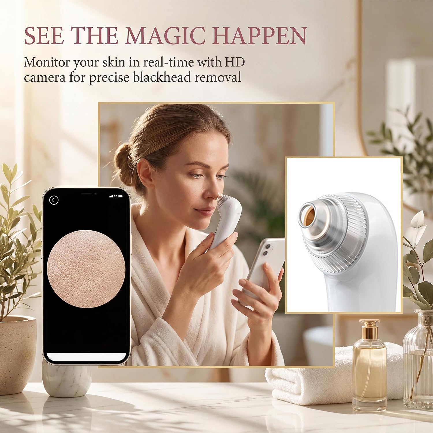Elitzia Blackhead Remover with Camera 20x Magnification Pore Vacuum for Face 5-Level Suction & 3-Level Heating USB Rechargeable Pore Cleaner with 6 Suction Heads for Nose & Face ETM205