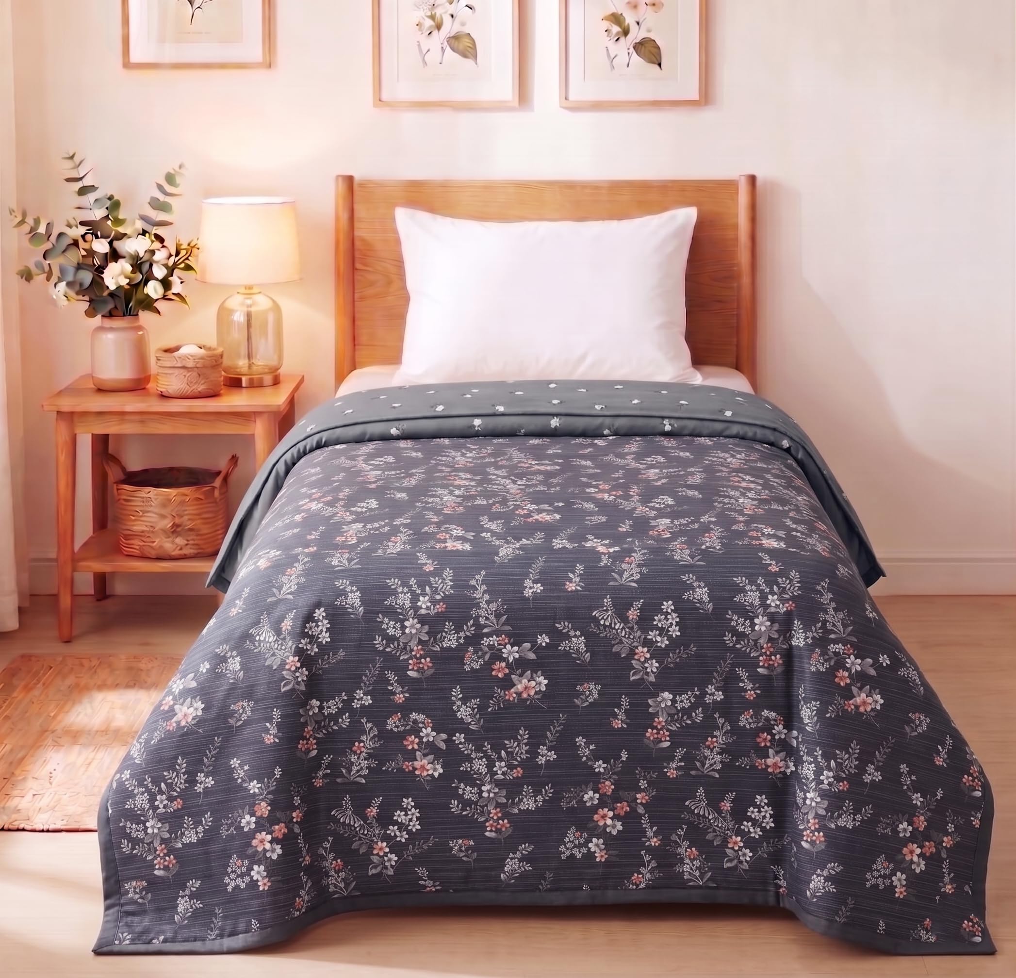 VAS COLLECTIONS Cotton AC Blanket for Single Bed, 147x230 cm | Reversible Lightweight All Season Comforter | Soft Breathable Skin-Friendly Blanket for Bedroom Use (Blush Blue)
