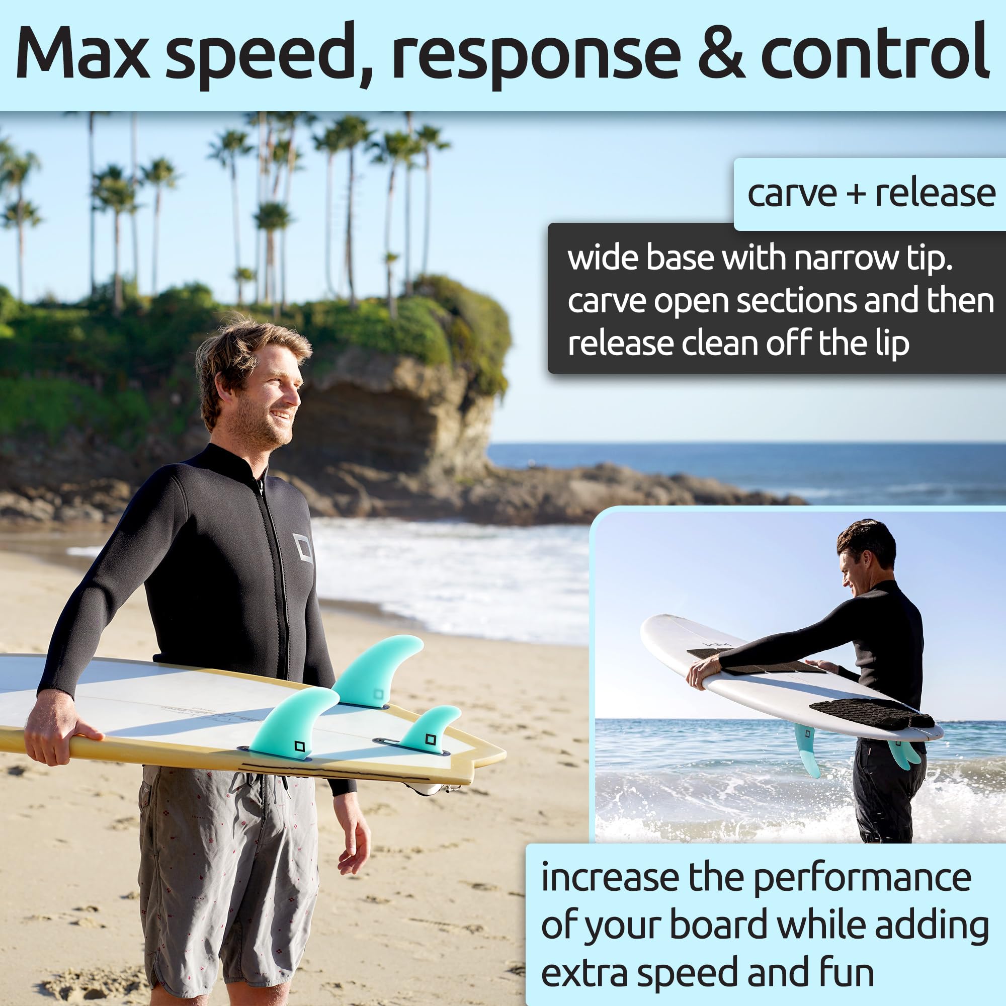 Zestaw Surf Squared Twin, Thruster lub Quad Fin – lite włókno szklane dla lekkiej trwałości i najwyższej wydajności – kompatybilny z deskami surfingowymi Futures Single Tab