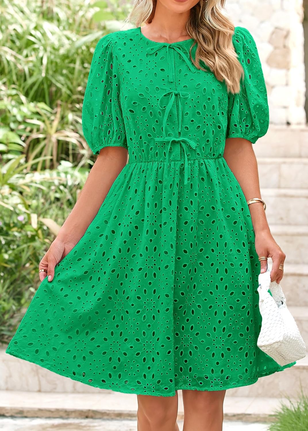KIRUNDO Eyelet Summer Dresses for Women 2025 Short Sleeve Tie Front Babydoll A Line Wedding Guest Beach Vacation Sundress - Image 3