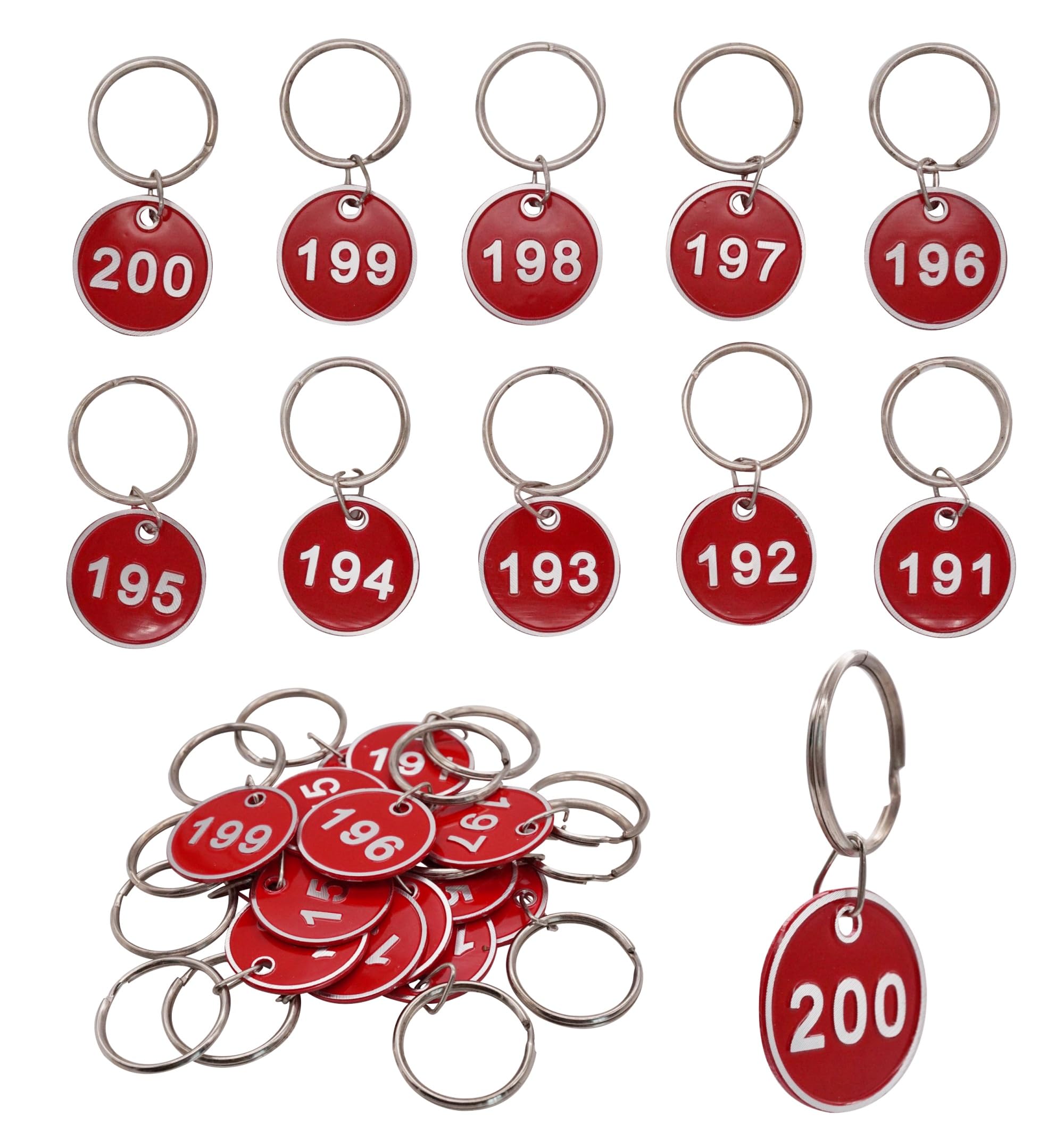 NumRealm Aluminum Alloy Metal Number Key Tag Set - Numbered ID Tags Key Chain with Rings - Red 1 to 200