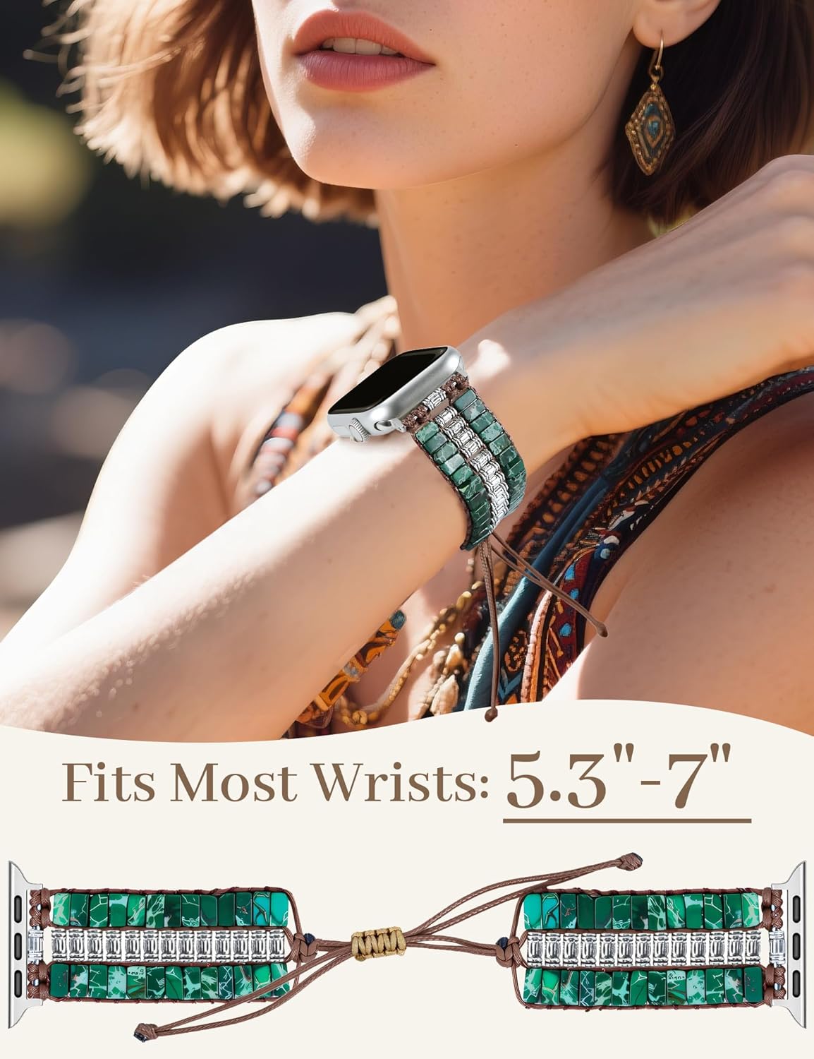 JR.DM Boho Beaded Natural Stone Bracelet for Women Compatible with Apple Watch Band 38/40/41/42/44/45/46/49mm, Handmade Braided Rope Strap for iWatch Series 10/9/8/7/6/5/4/3/2/1/SE, Deep Green - Image 4