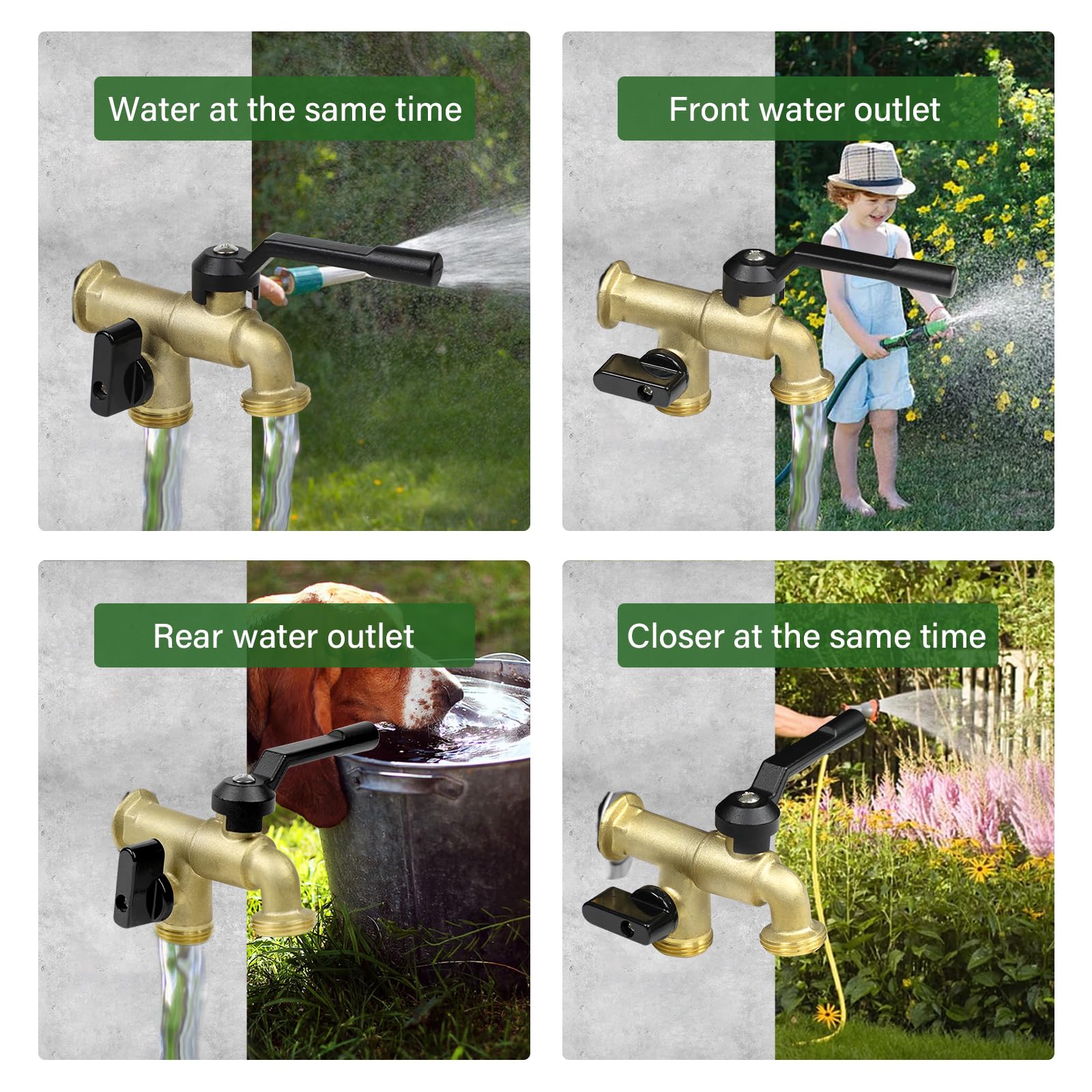 Grifo de agua para jardín al aire libre con doble salida, grifo de agua de jardín montado en la pared exterior con dos válvulas de bola de latón de 3/4 pulgadas, grifo de agua para lavadora y manguera