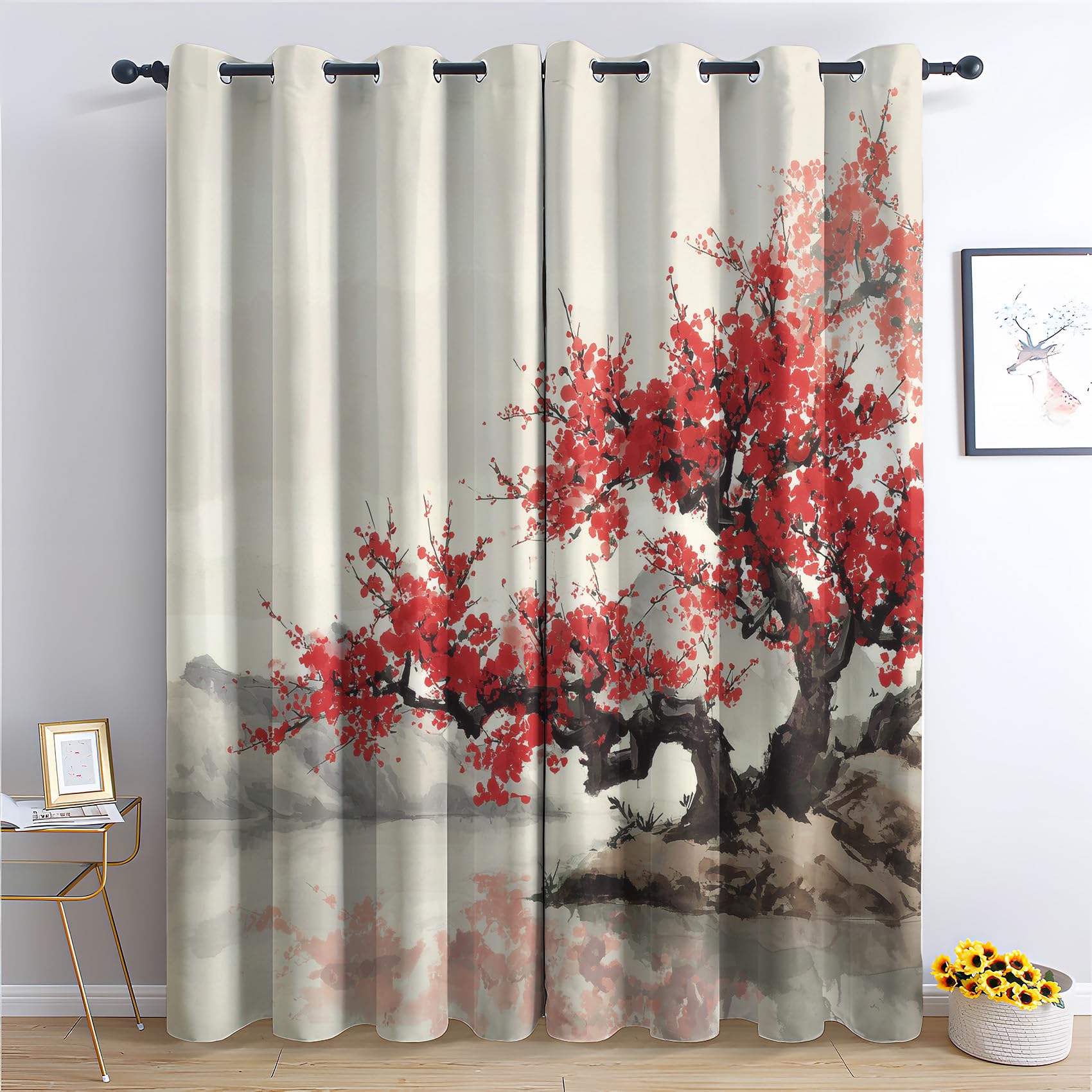 Venivici Japanese Cherry Blossom Blackout Curtains for Bedroom Living Room - 84 Inch Drop Curtains Eyelet, Red Plum Flower Patterned Window Treatments, Thermal Insulated Drapes 52x84 2 Panels