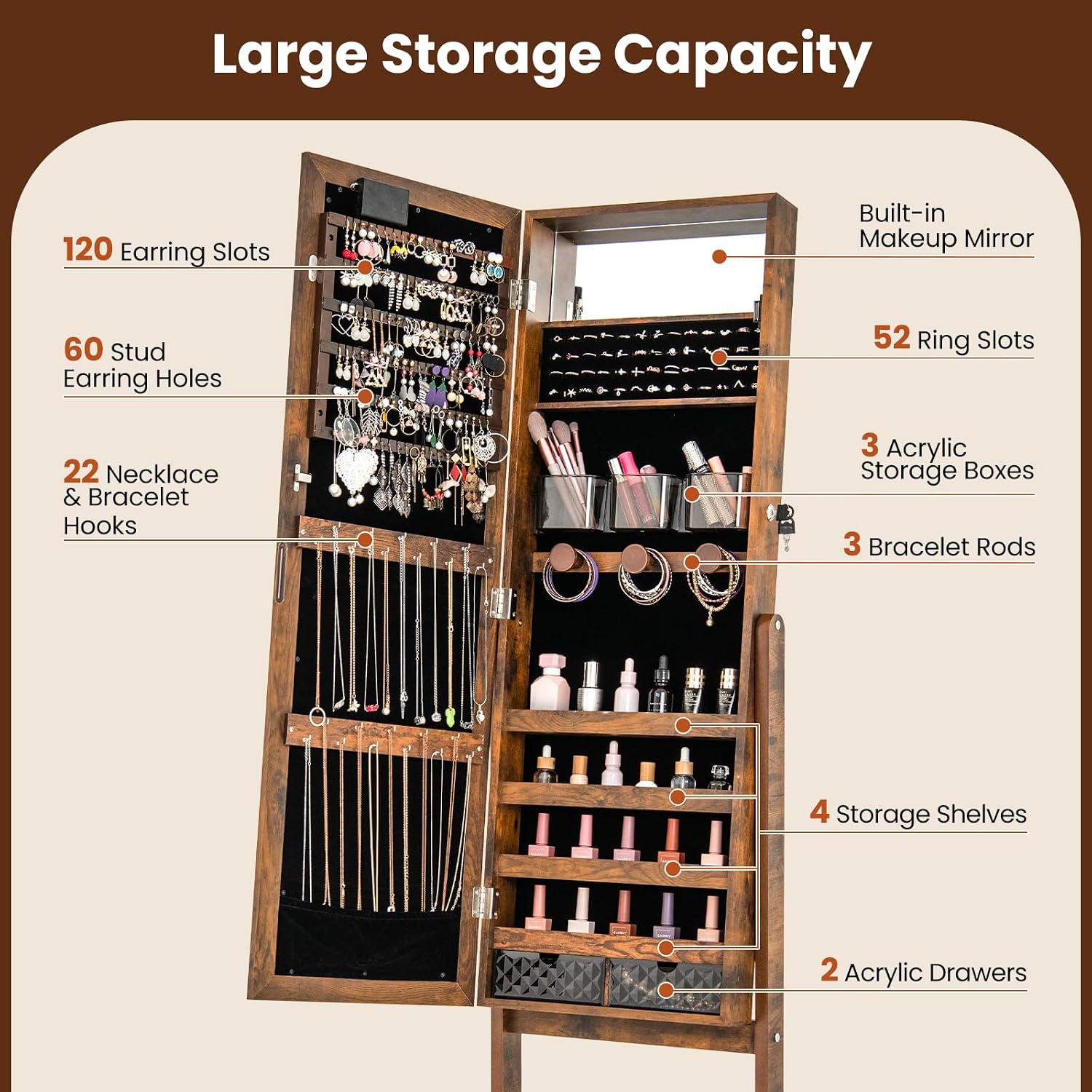 GOFLAME Jewelry Armoire Cabinet Standing, Lockable Full Length Mirror with Storage Shelves and 2 Drawers, Adjustable Tilt Angles, Stand Up Jewelry Box with Lighted Mirror (Rustic Brown)
