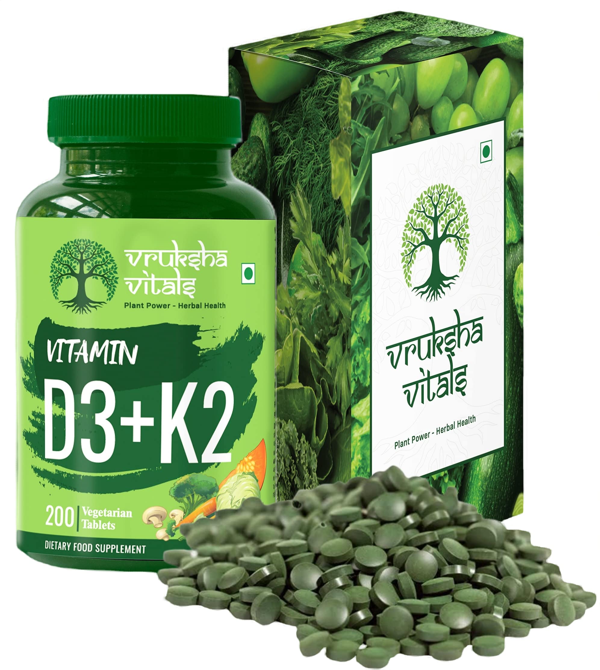 Buy Vruksha Vitals Vit D3 & K2 100 RDA, 120(+120 Extra)=240 Tablets Plant based Vitamin D3