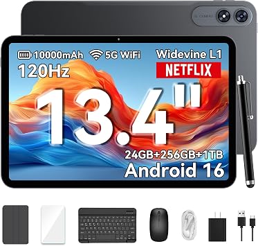 13 inch Best Android 16 Tablets 2026 with Keyboard Large Screen Tablets | with Case, Stylus, Mouse, Gemini AI, 24GB+256GB, 120Hz, Octa-Core, 10000mAh,120Hz 2K Display,OTG
