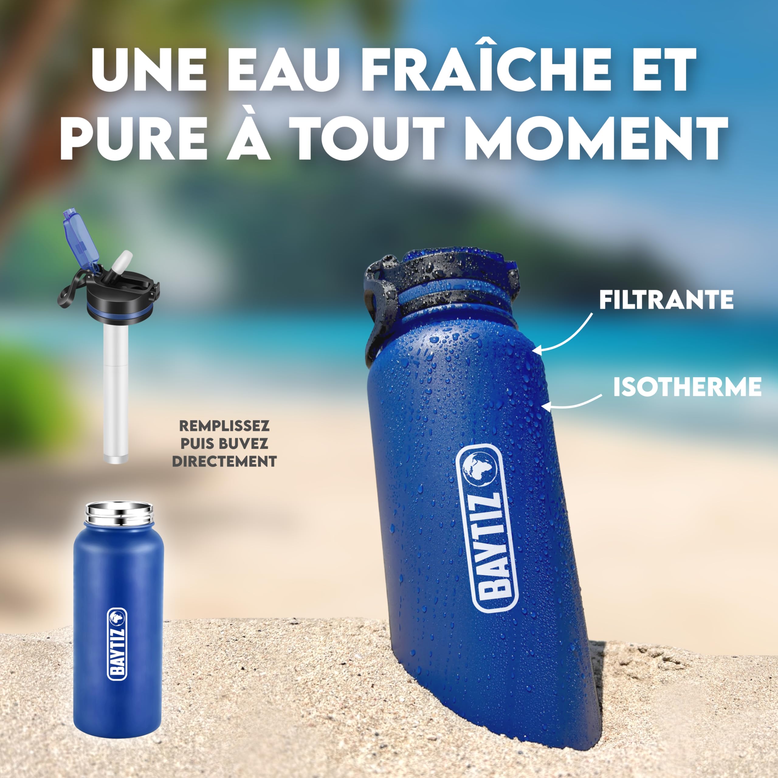Gourde Isotherme Inox SIVA 740 Ml - Filtre à Charbon Inclus - Garde Le Chaud 8h Et Le Froid 12h - Étanche Et Sans BPA - Couleur Bleue