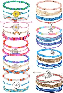 30 Pcs Waterproof String Bracelet for Women Adjustable Surfer Beach Bracelets Pack Sunflower Handmade Boho Beads Friendship Bracelets Anklets for Women