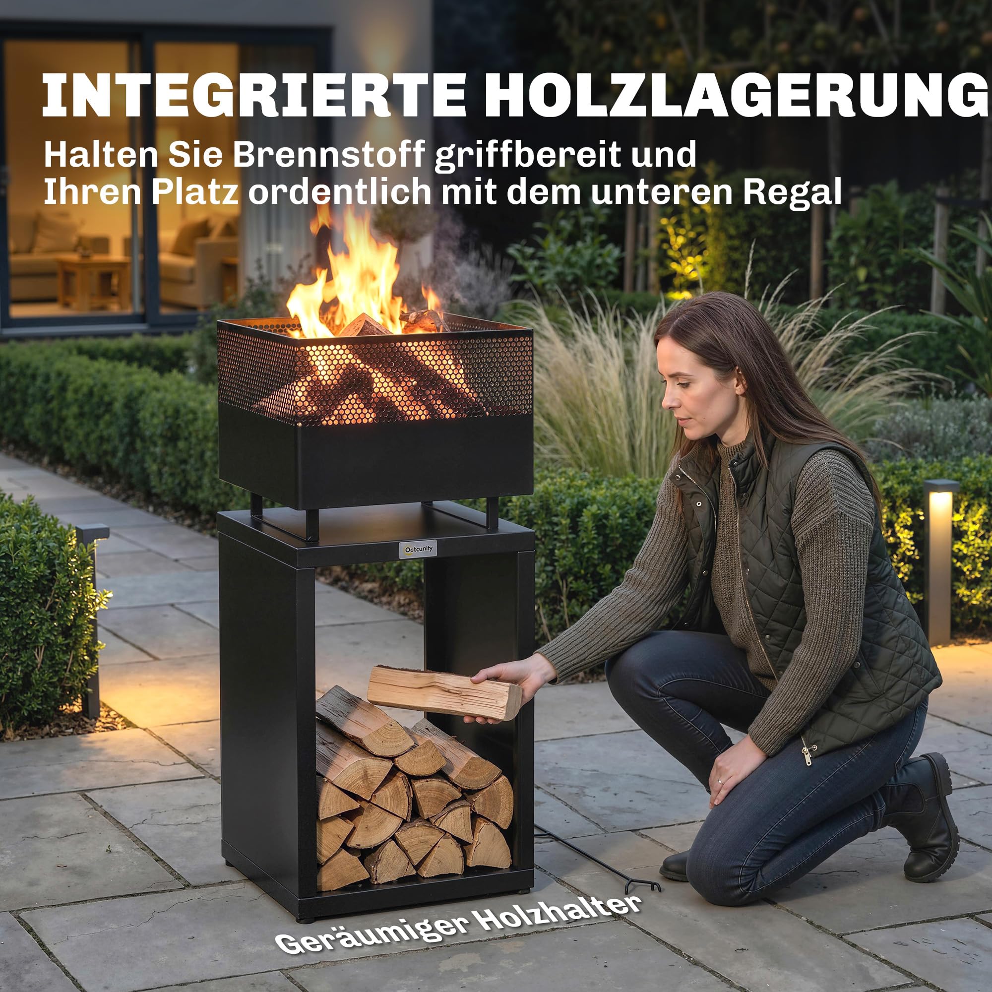 Outsunny Feuerschale mit Holzlager Kohlegitter 39 x 39 x 87 cm Schwarz | Feuerstelle, Verstellbaren Füßen, Feuerschalen Feuerkorb, für Garten Balkon Terrasse, Outdoor BBQ Camping