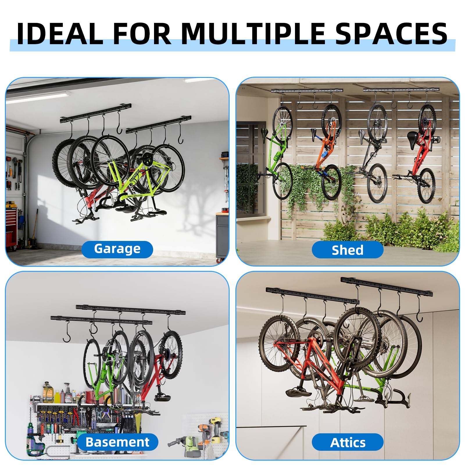 Urban Deco Portabici da soffitto per garage, sistema di ganci per biciclette con 8 ganci regolabili da soffitto per contenere 4-8 biciclette, soluzioni di archiviazione per biciclette da garage per