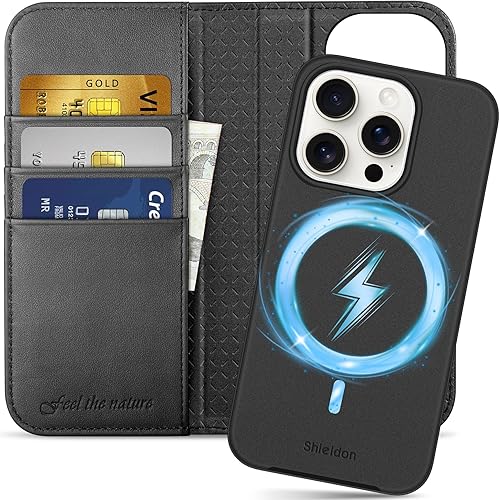 Miniatura 10 de SHIELDON Funda para iPhone 15 Pro 5G, funda tipo cartera de piel auténtica, cubierta magnética con bloqueo RFID, soporte para tarjetas, función