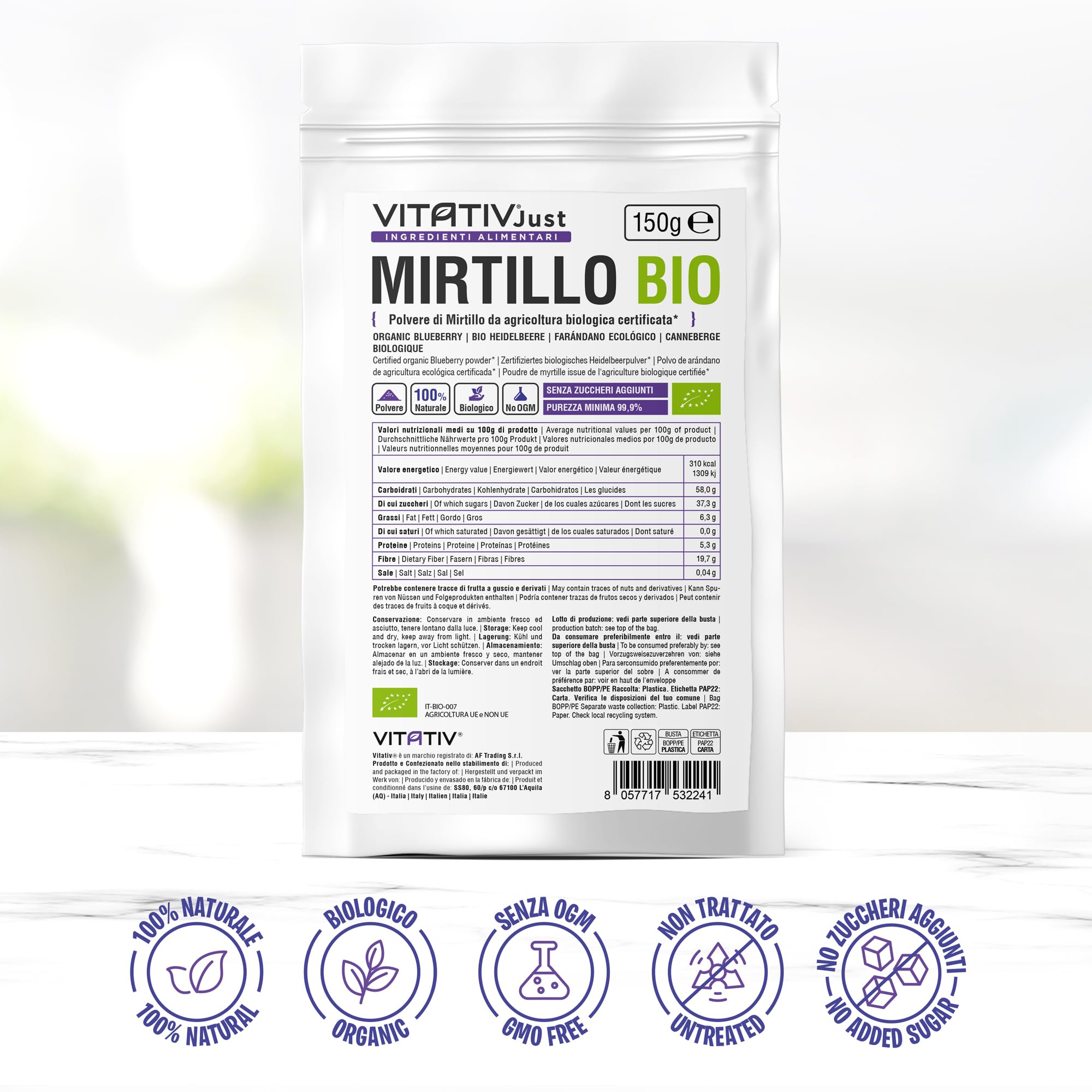 Polvere di Mirtillo Bio, Senza Zuccheri Aggiunti, da Agricoltura Biologica Certificata