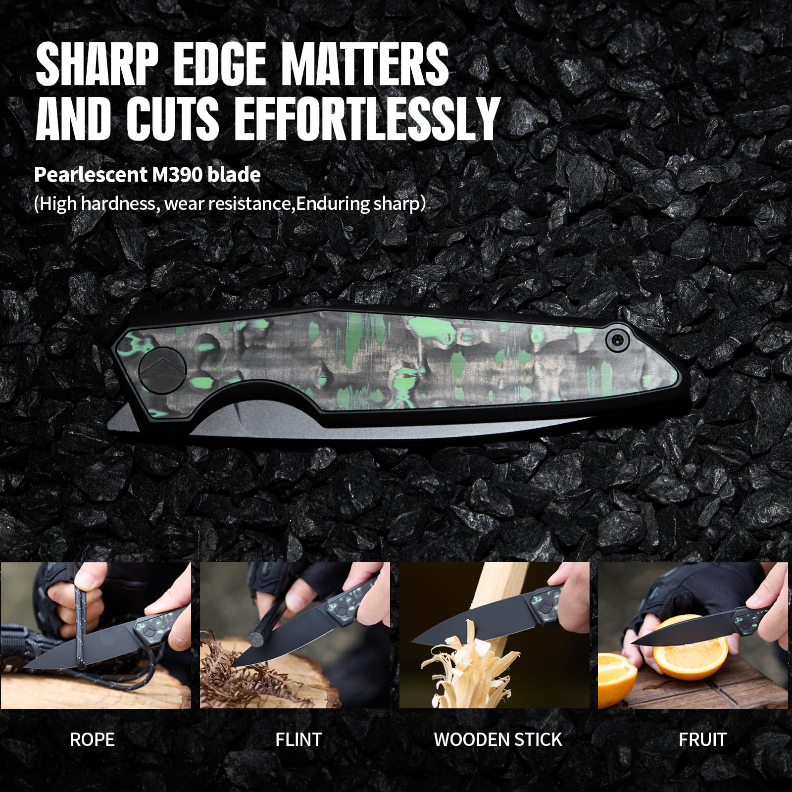 Taschenmesser Klappmesser Outdoor Messer Survival Messer EDC Einhandmesser mit Taschenclip, Tasche - M390 Stahl, Griff mit Titan- und Kohlefasereinlage - Männer Geschenk (Grün & Schwarz)