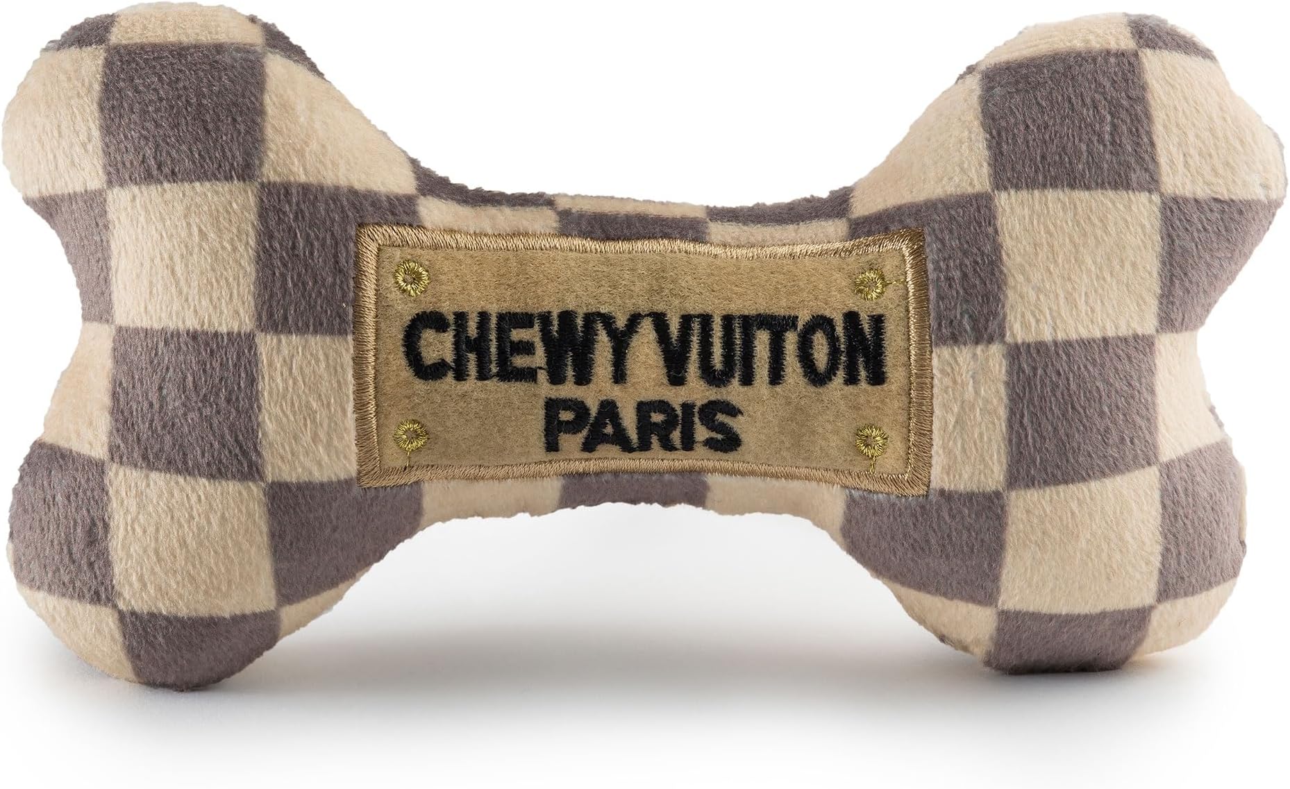 Haute Diggity Dog Checker Chewy Vuiton Bone, Plush Designer Dog Toys with Interactive Squeaker, Stimulating Pet Enrichment, Machine-Washable & Safe Materials for All Breeds, Size Large