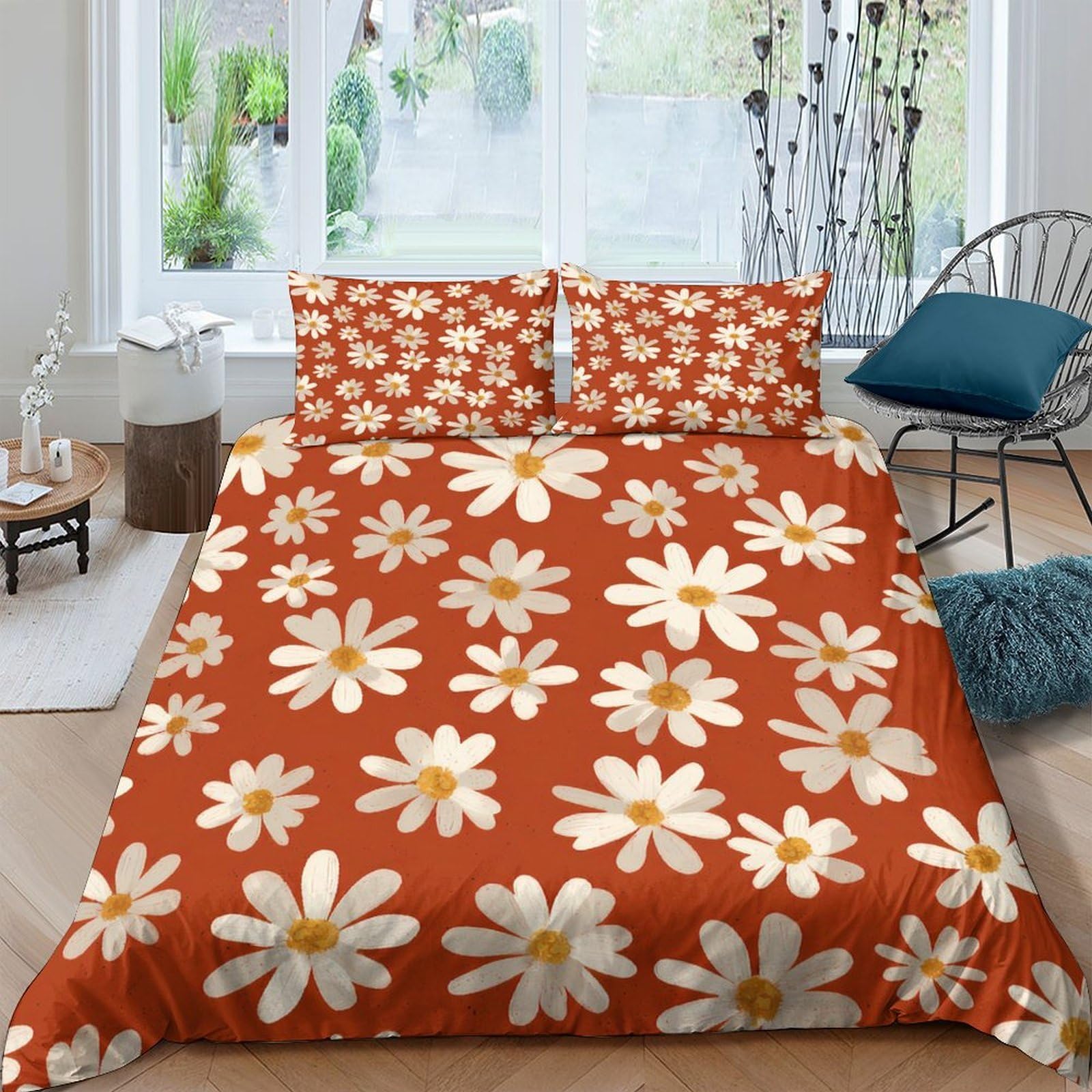 Ctjqhvkz Style-7 3D Printed Daisy Flower Fitted Sheet Microfiber Orange Floral Bed Cover For Bedroom Guest Room Mattress Protection Single（135X200cm）