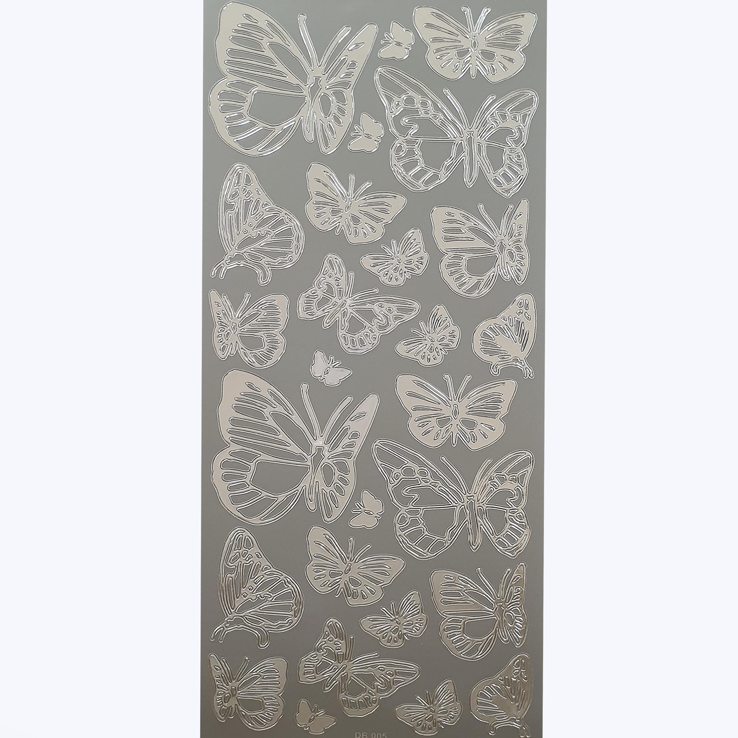 Pebble Eleven Assorted,Silver Premium Butterfly Outline Sticker Sheet - Assorted Self Adhesive Butterflies (Silver)