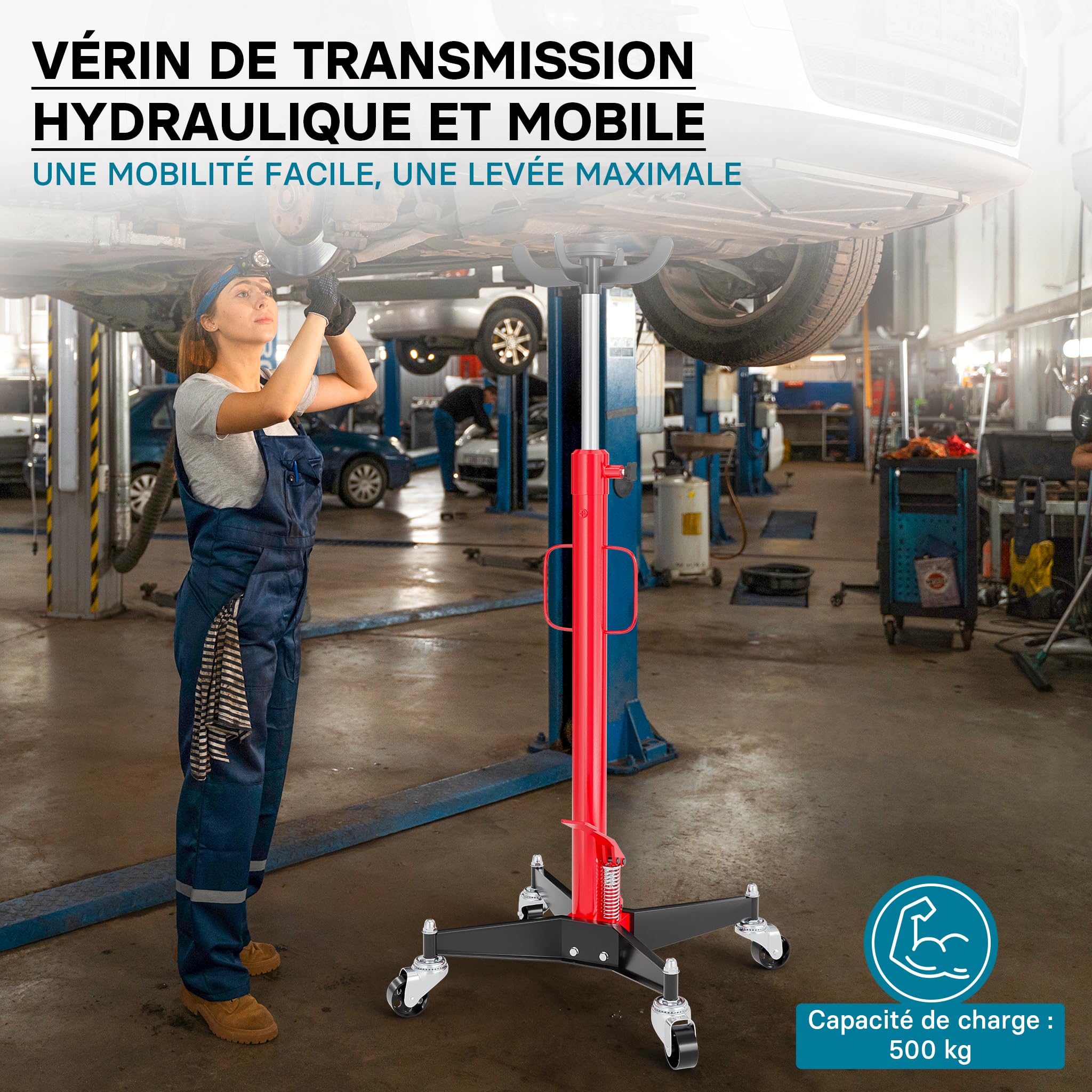 Vérin de Fosse Cric hydraulique Transmission Lève Moteur Mobile Chèvre 500kg Hauteur 110-190cm