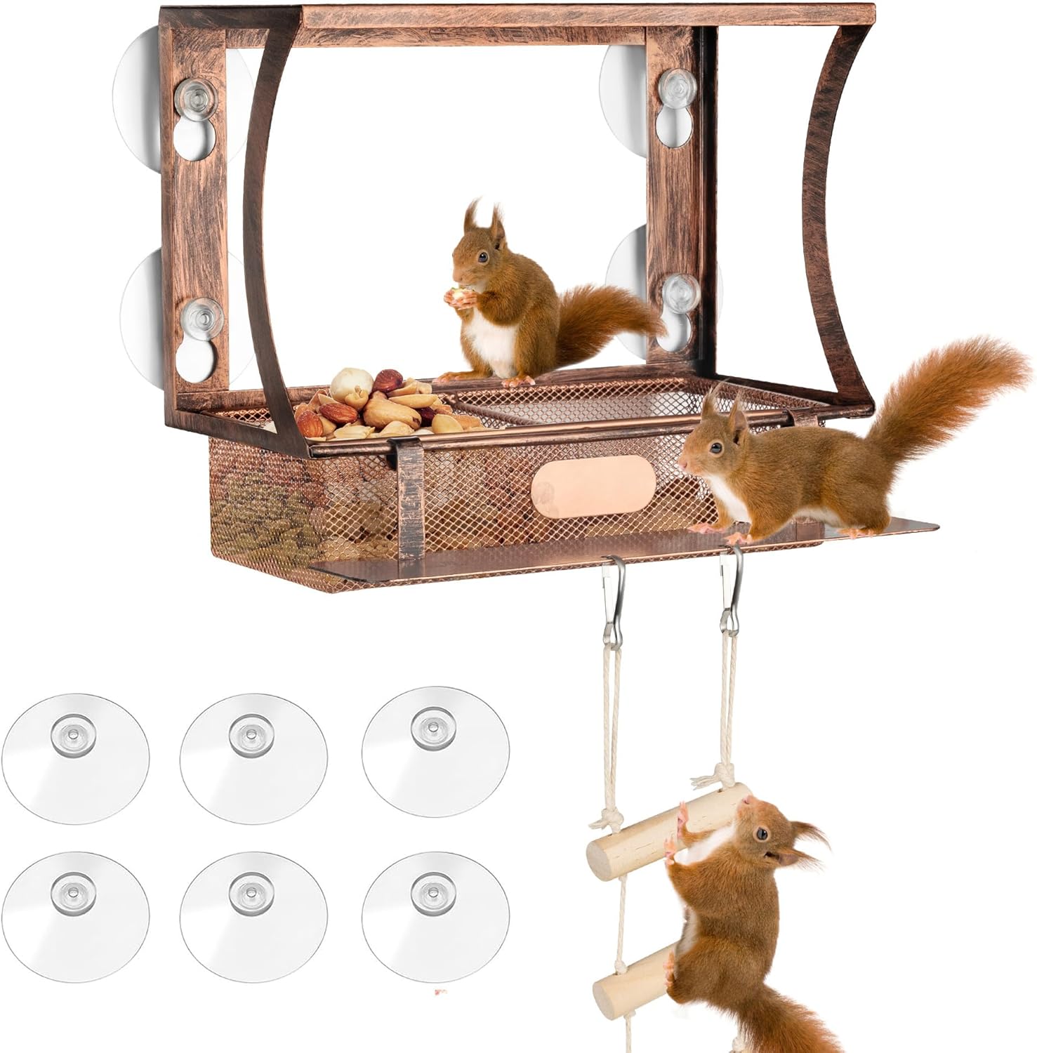 Window Squirrel Feeder, Metal Squirrel Feeder with Strong Suction Cups Ladders, Wide View Outdoor Squirrel & Bird Feeder for Corn Peanuts, Funny Chipmunk Feeder for Home Window Viewing