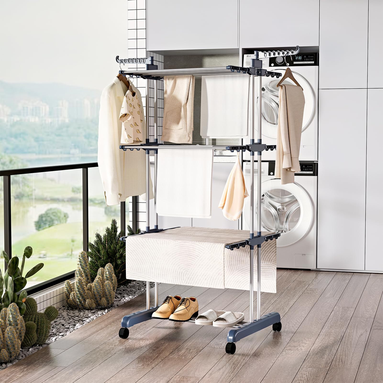 KingSaid Séchoir à Linge à roulettes réglable à 3 Niveaux avec Ailes rabattables Grand séchoir à Linge en Acier Inoxydable avec roulettes Convient pour Une Utilisation à l'extérieur et à l'intérieur