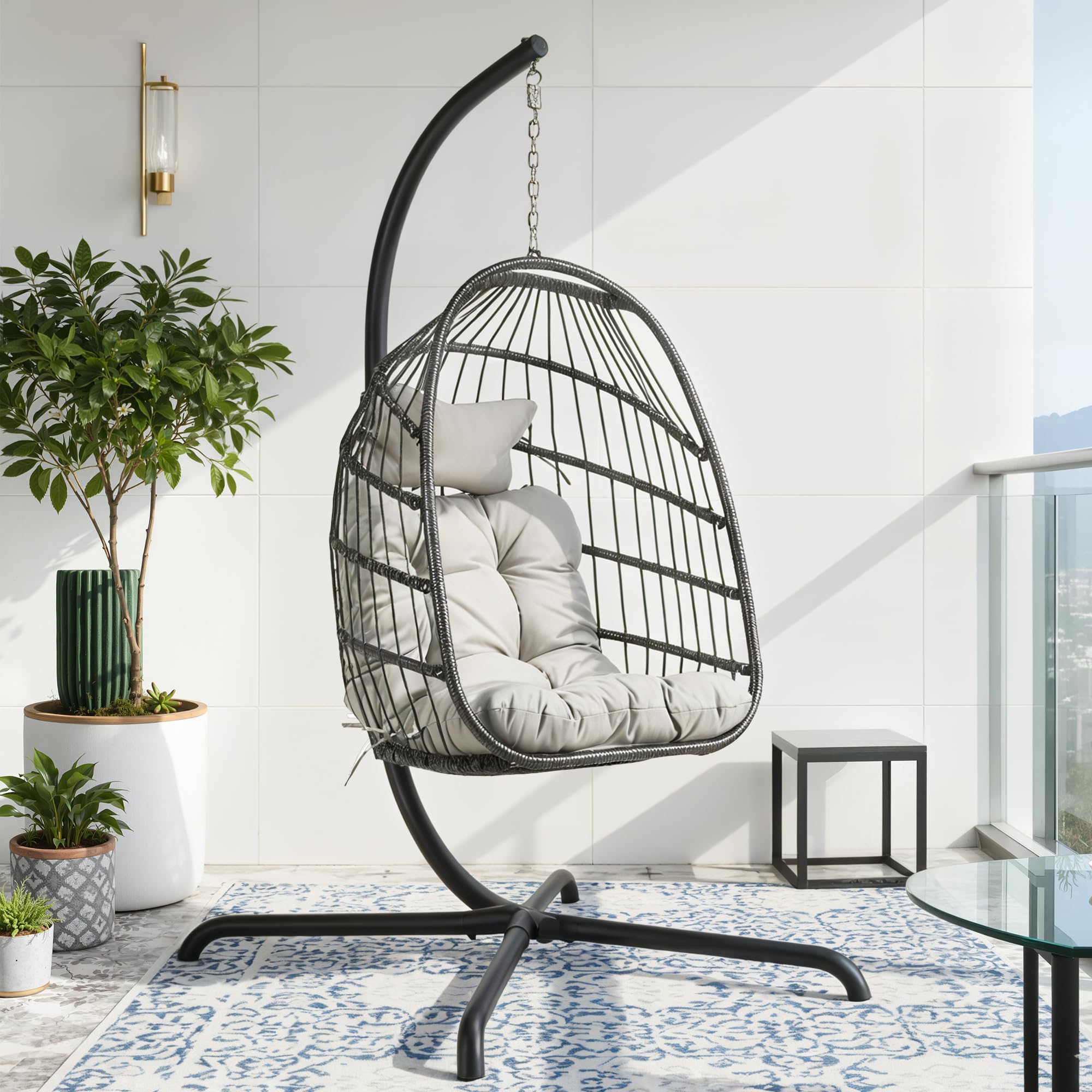 BLUEXYARD Patio Egg Chair for Outside, Foldable Eggshell Swing with Stand, 350 Lbs Cushioned Hammock Chair with Comfy, Water-Resistant Wicker Hanging Basket for Balcony Garden Bedroom, Light Grey