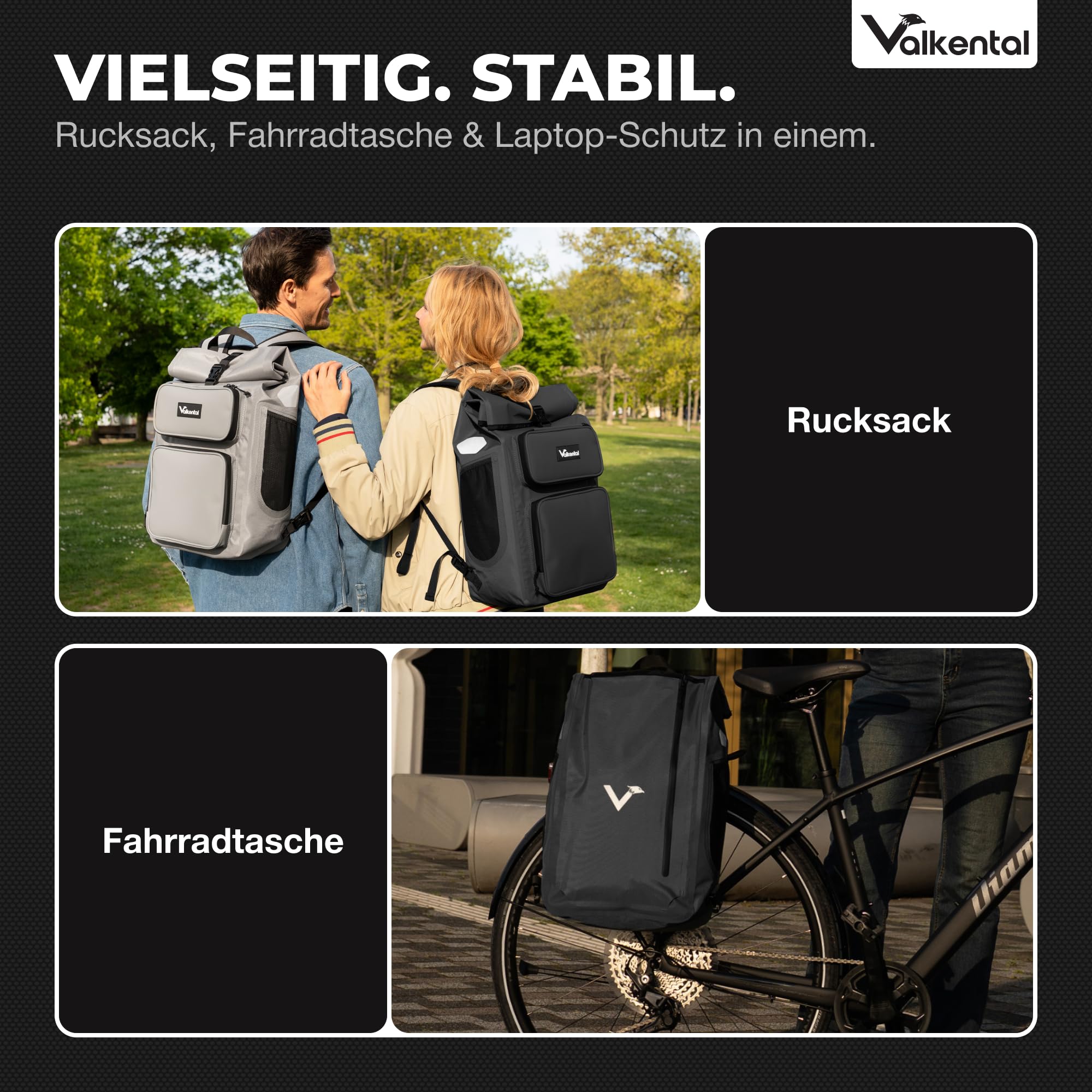 Valkental® UrbanX 2in1 Fahrradtasche & Rucksack kombiniert [28L Volumen] wasserdichte Gepäckträgertasche mit abschließbarer Befestigung – Elegante Radtasche & stylischer Rucksack – Geprüfte Qualität