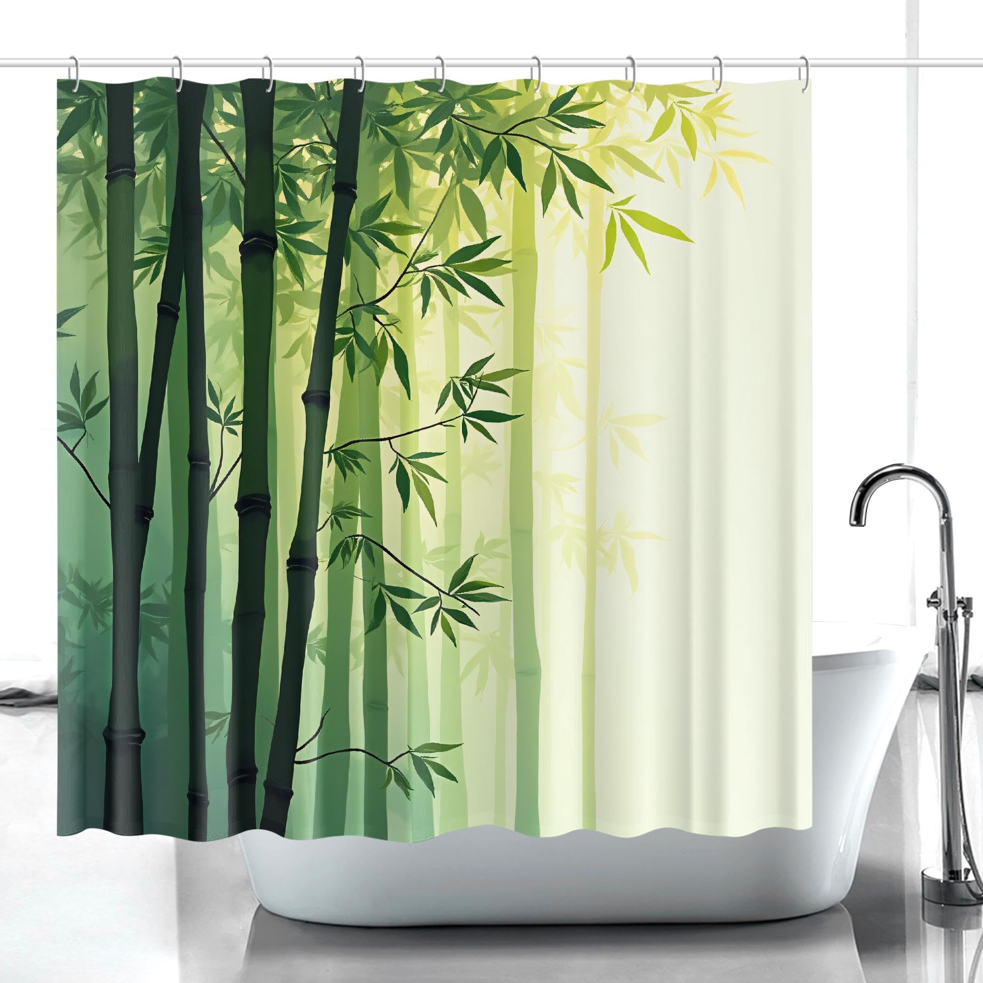 Rideau de Douche en Bambou Vert, Rideau botanique Zen Forest, Art Naturel, Tissu imperméable avec Crochets, Lavable en Machine (240 x 199 cm / 94 x 87 po (L x H)).