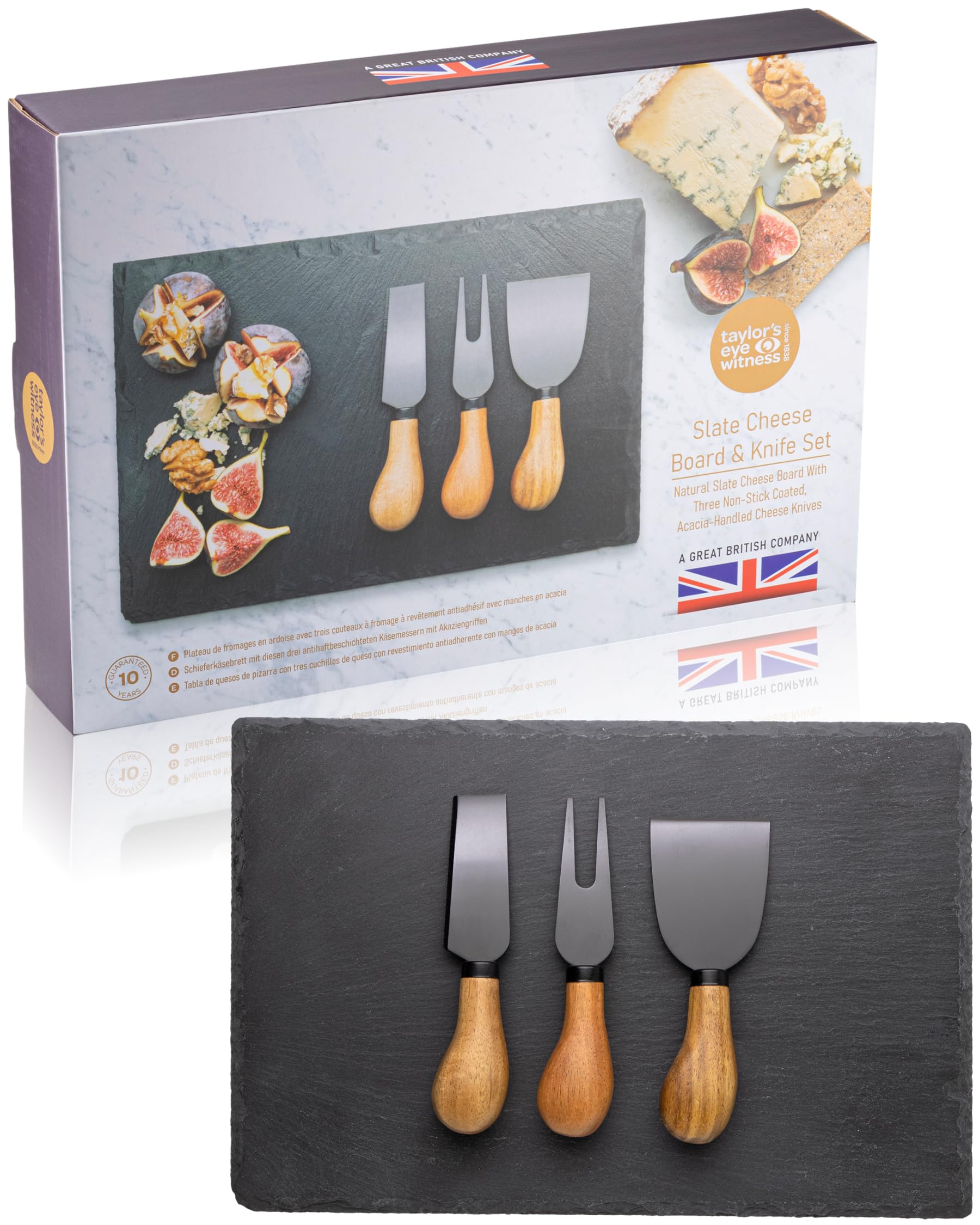 3 Piece Cheese Knife Set & Slate Board - Stylish Cheese Knives Gift Set With Slate Charcuterie Board. Acacia Wood Knife & Classic Polished Black, Sharp Stainless Steel Blades. 10 Year Guarantee