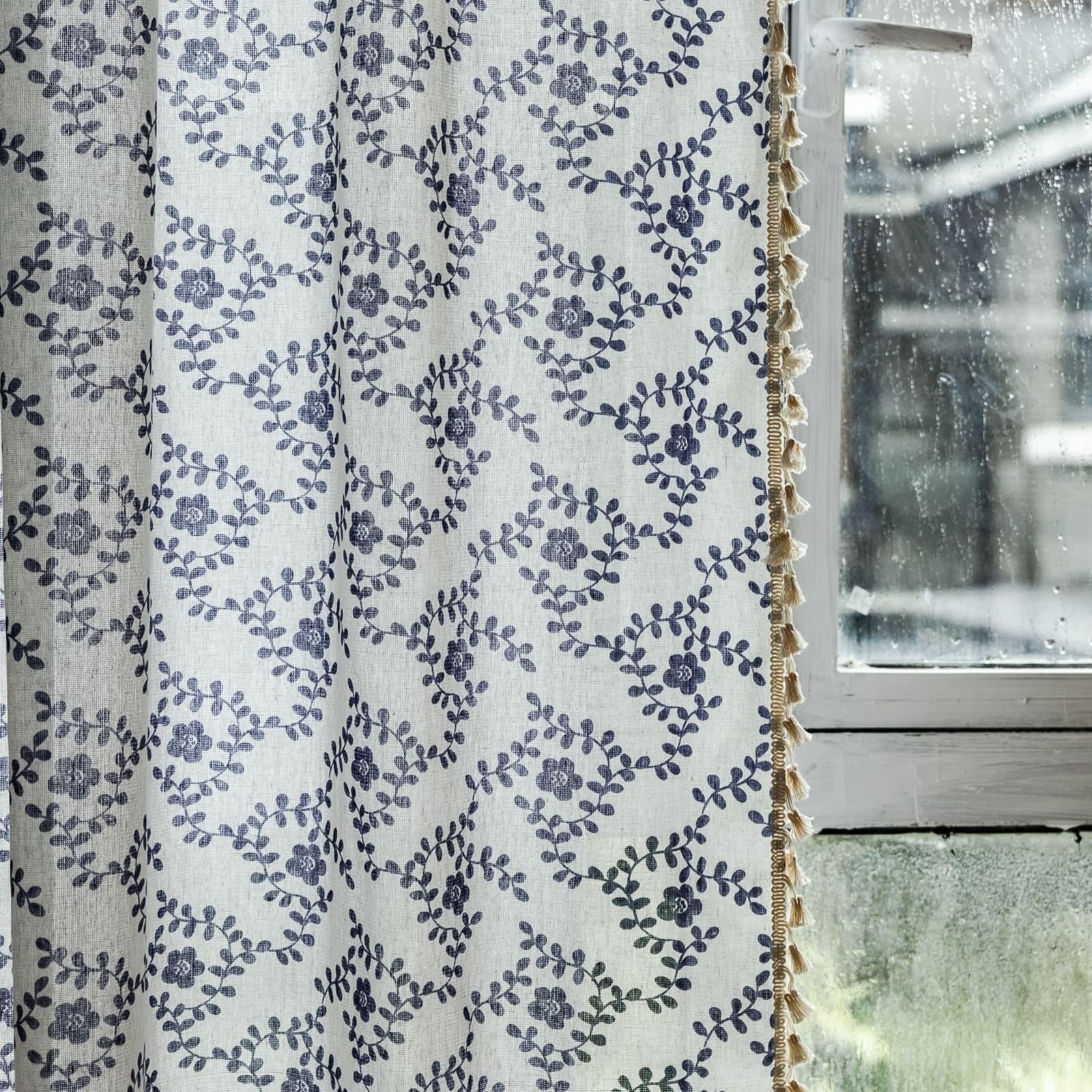 Cortina de gasa beige y azul de 132x45 cm con ojal y borlas para cocina