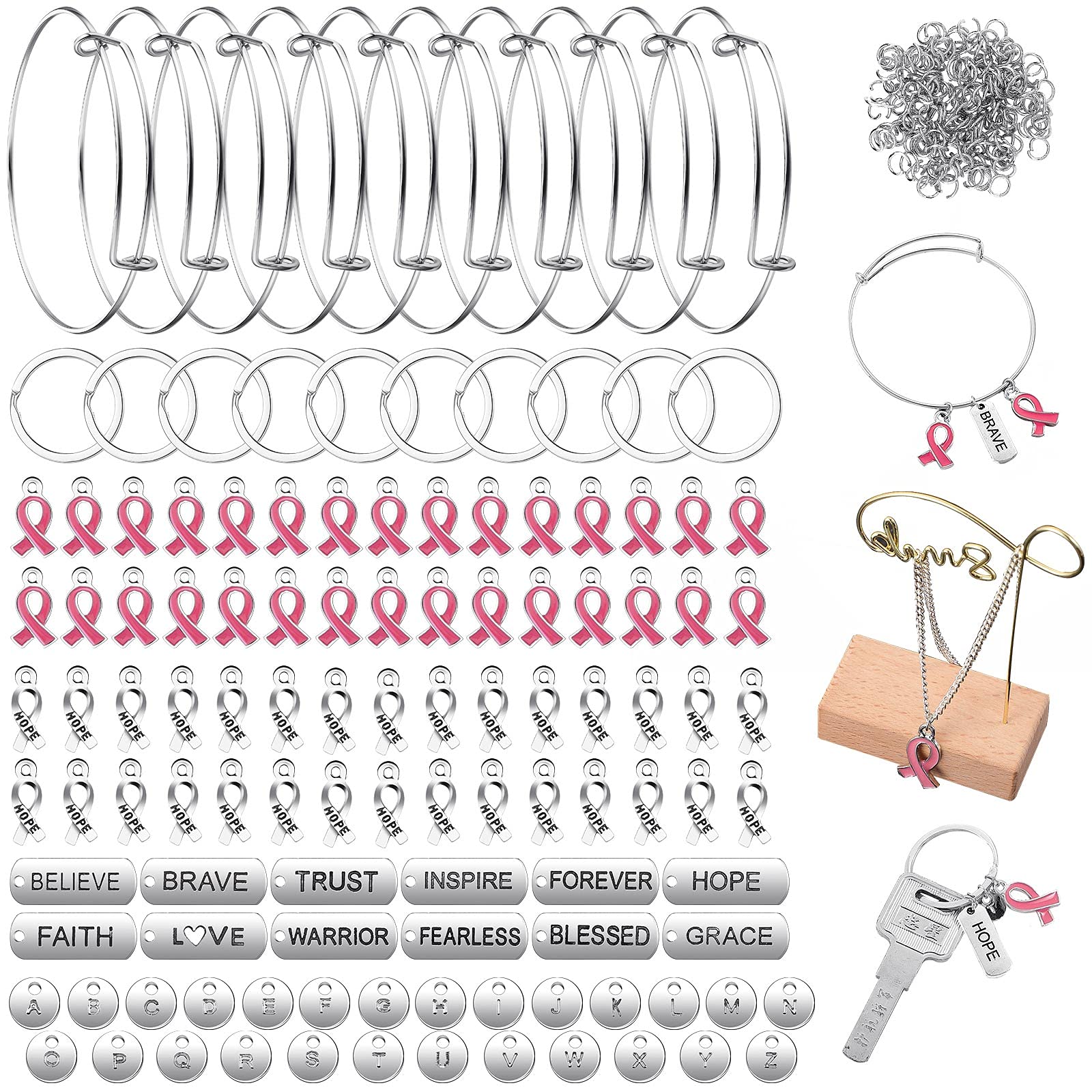 HicarerHicarer 318 Pieces Breast Cancer Awareness Ribbon Pendant Set Pink Silver Ribbon Charm, Round Letter Charm, Inspirational Pendants Expandable Bracelet, Keychains, Open Jump Rings for Jewelry Making