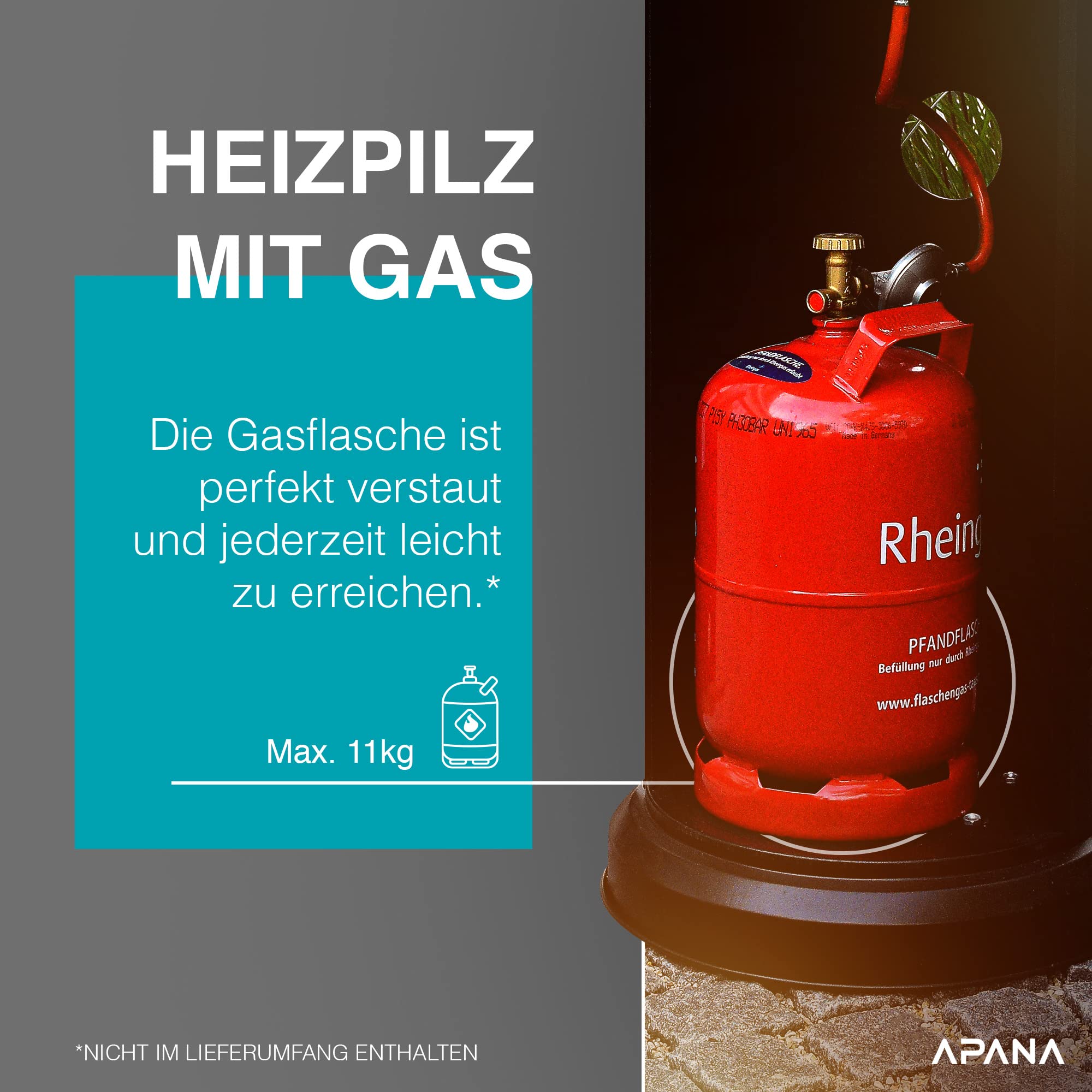 APANA 14 kW Gas Heizpilz Bellamente ONE – Terrassenheizer mit Abschaltautomatik, Umkippsicherung, Gasheizstrahler für außen, Schwarz, Outdoor Heizstrahler, Transportrollen Balkon Garten