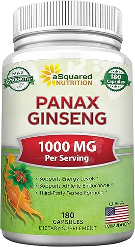 aSquared Nutrition Red Korean Panax Ginseng (1000 mg de fuerza máxima) 180 cápsulas Complejo de extracto de raíz, suplemento asiático en polvo,