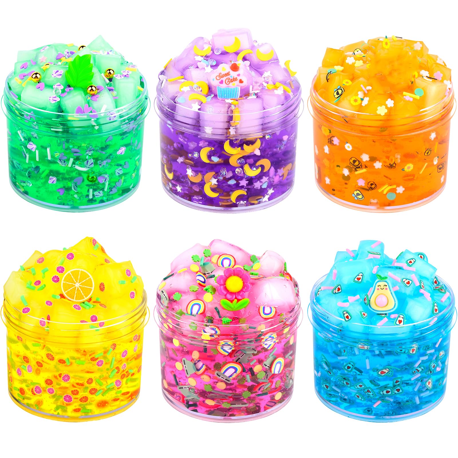 6 Pack Jelly Cube Crunchy Slime Kit with Yellow, Pink, Purple, Green and Blue Color, Clear Crunchy Slime Sludge Toy with Cute Charms, Valentine Party Favors for Girls Boys