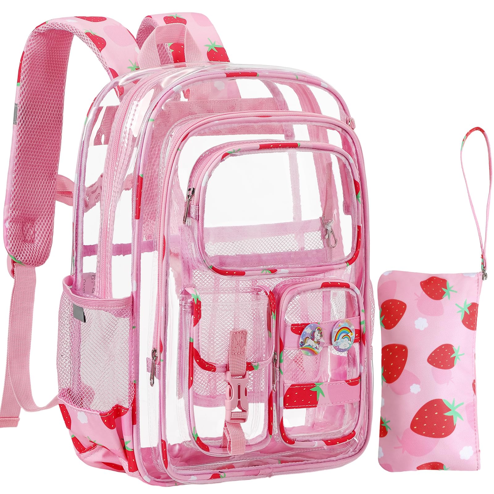 Unineovo Clear Backpack for Kids, Strawberry Backpack for Girls, Water-Resistant See Through Bookbag with Chest Strap for Preschool Kindergarten College Travel Stadium Work Concert
