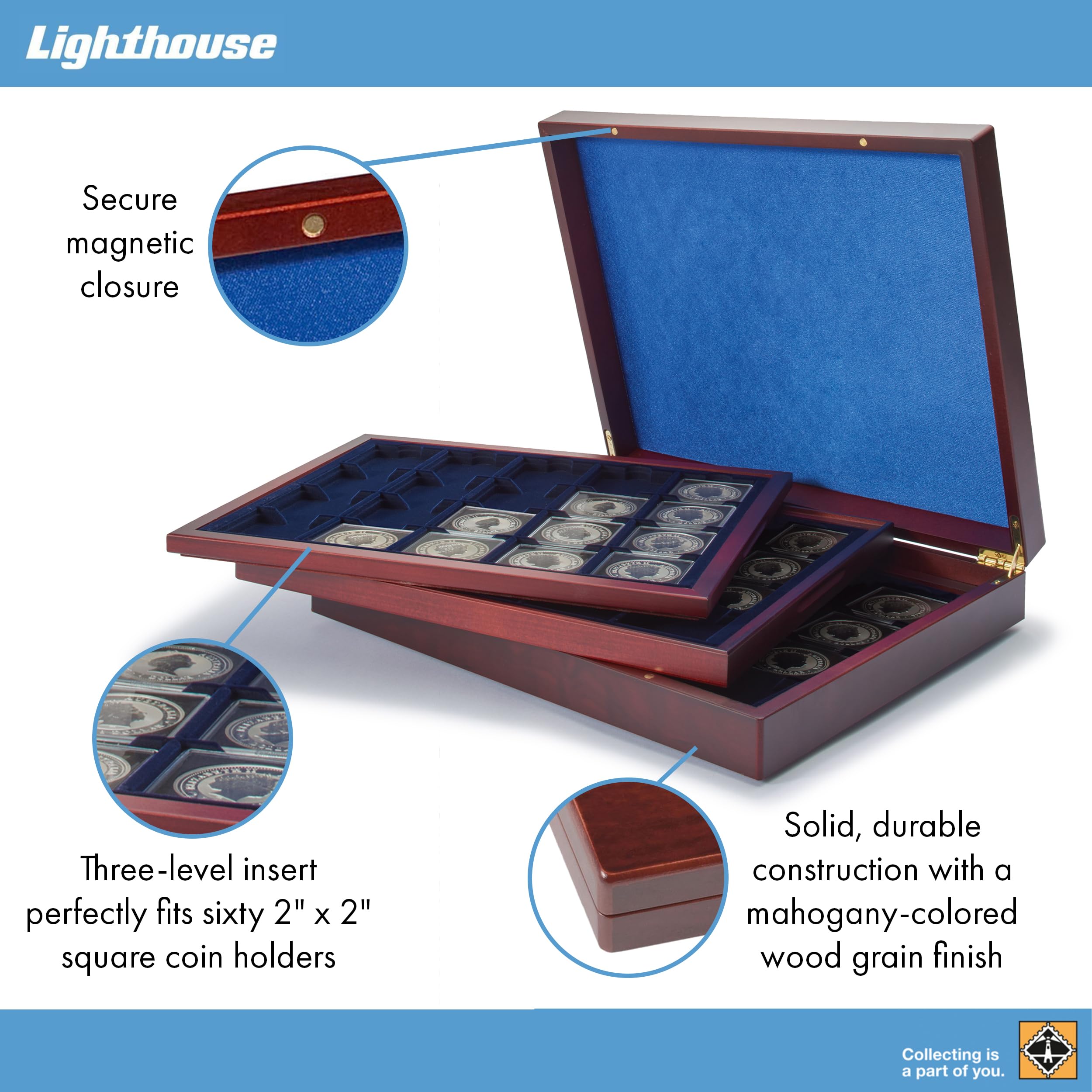 Leuchtturm 304747 VOLTERRA DE Luxe - cassetta per monete con 60 campi - capsula QUADRUM/cornice per monete 50x50 mm - color mogano
