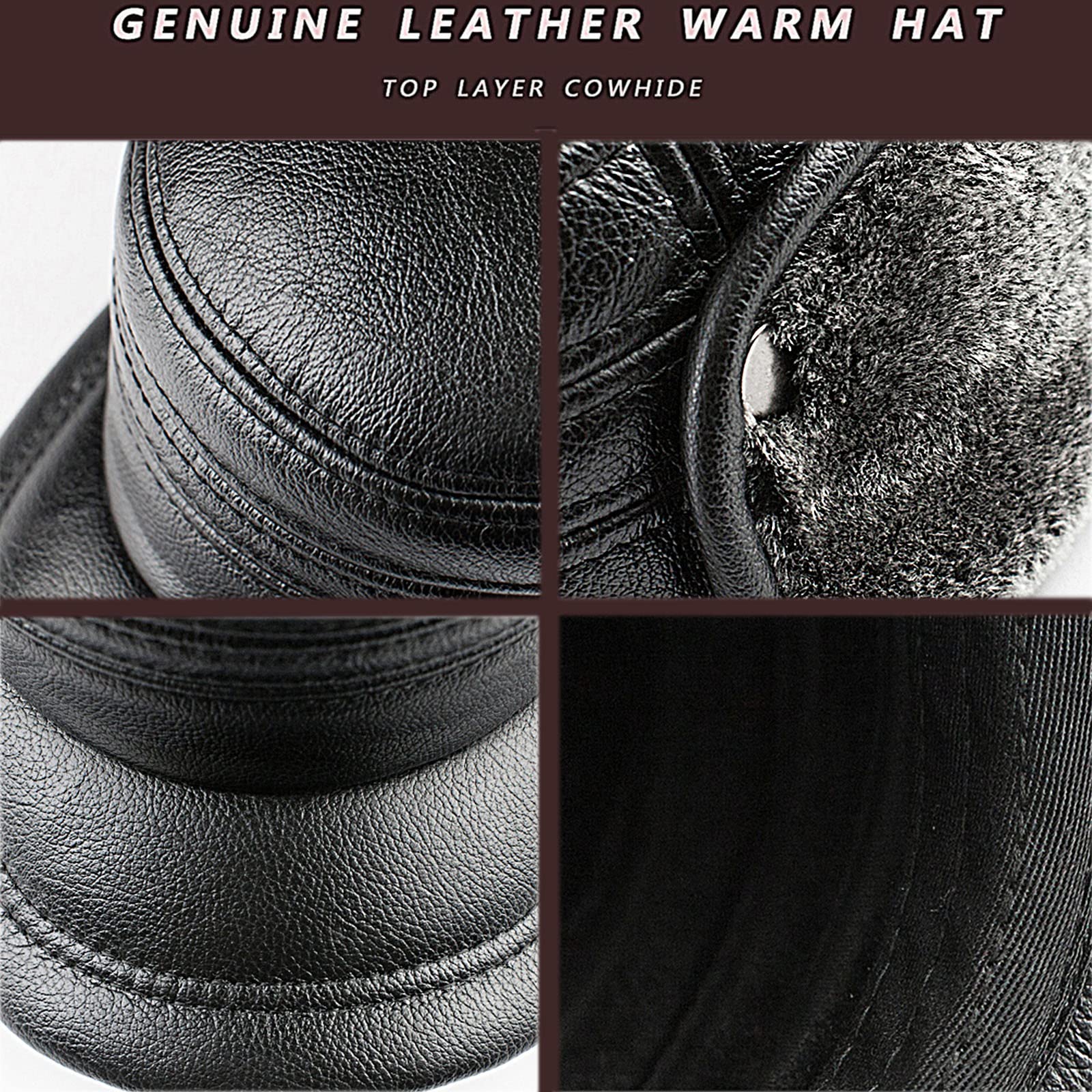 Cappello Invernale in Pelle con paraorecchie Aviatore cap Caccia Trapper Cappello Sci Neve Cappelli Impermeabile Invernale Cappello,Dark Brown,L(55~56cm)